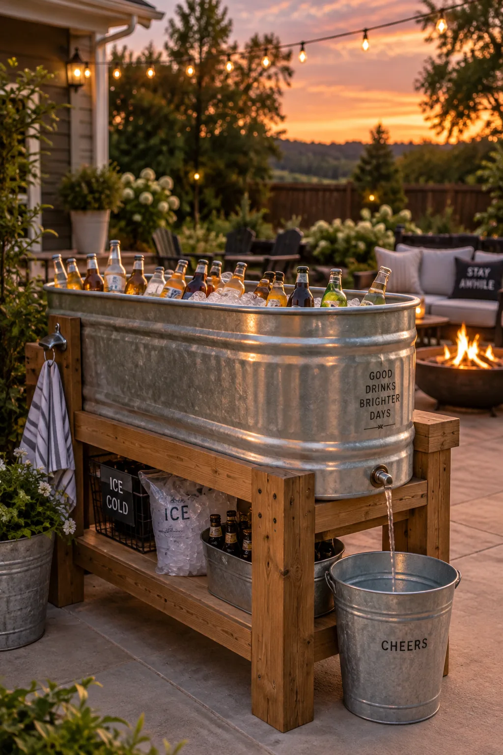 Galvanized stock tank in a wooden frame filled with ice and drinks