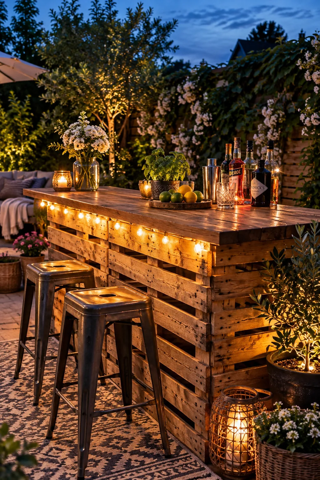 Two wooden pallets stacked vertically with a butcher block top serving as a bar