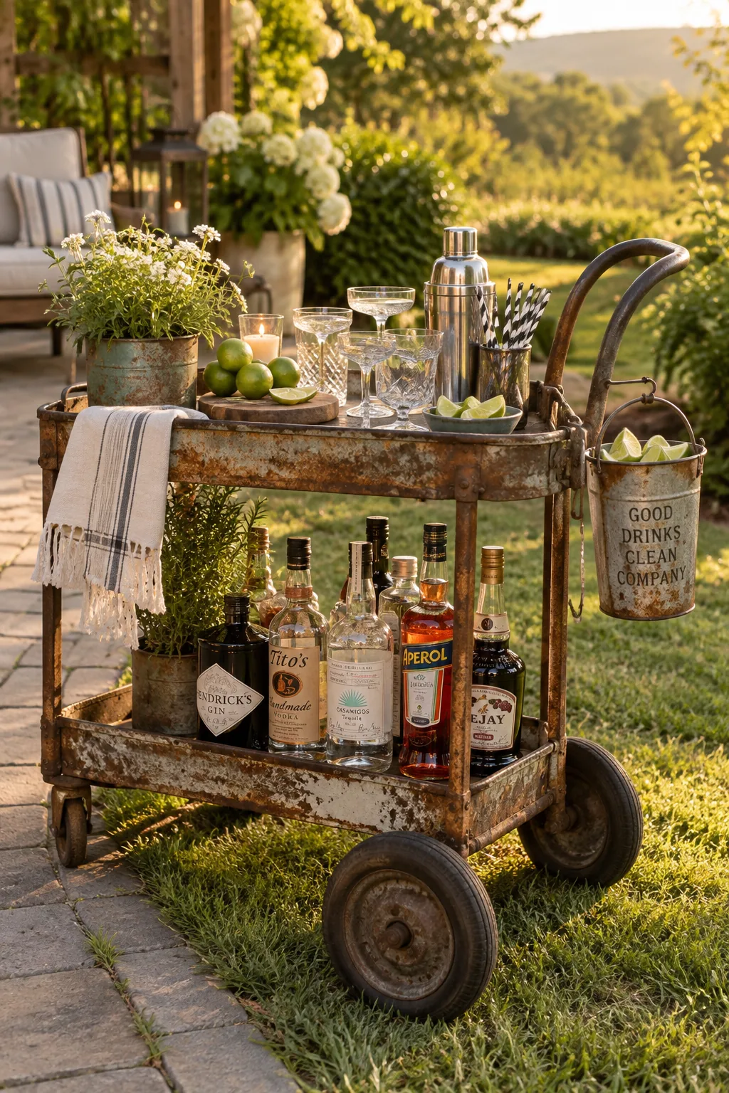 Rusty metal utility cart with large rubber wheels holding bar supplies on grass