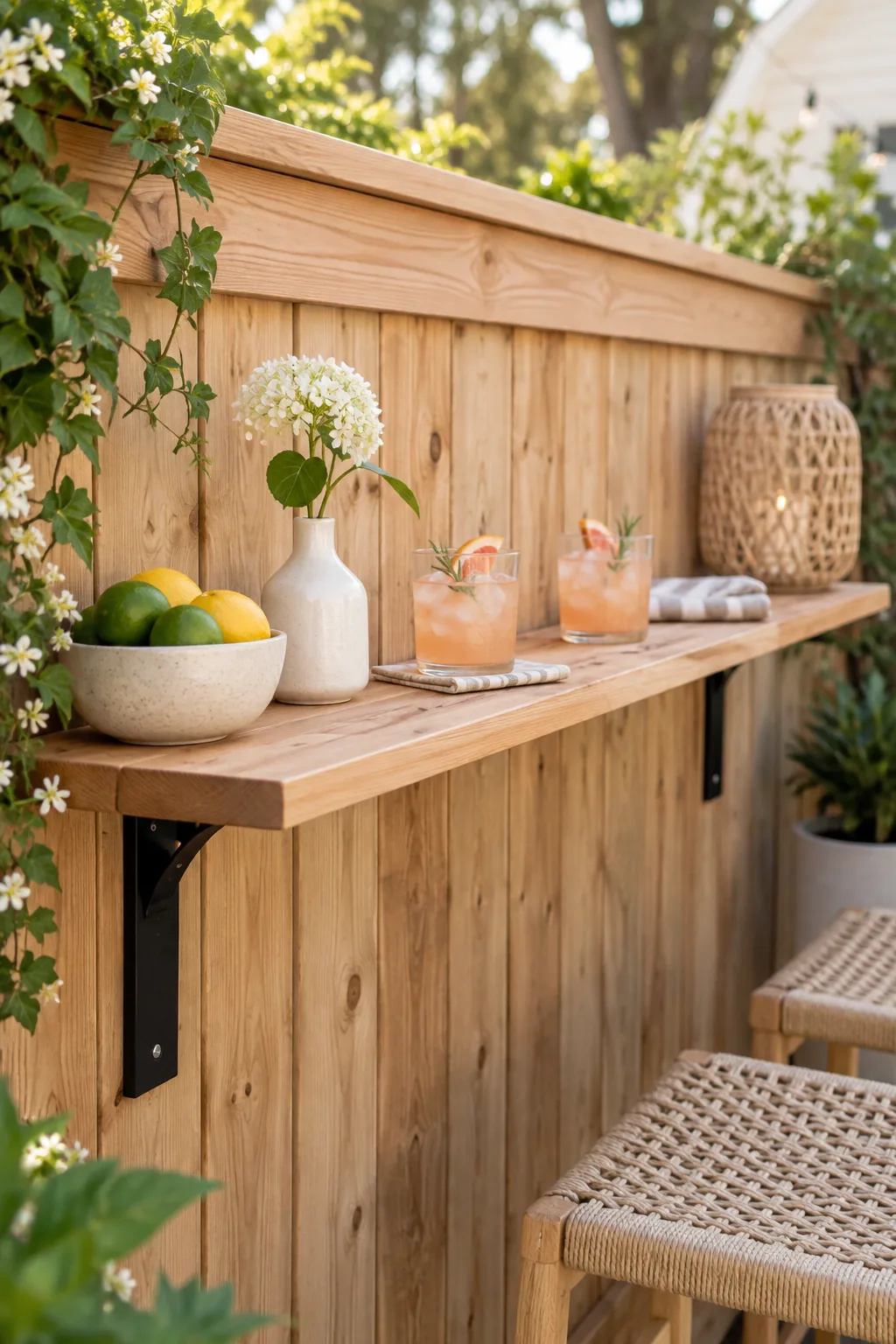 Long wooden plank mounted to a privacy fence with drinks resting on it