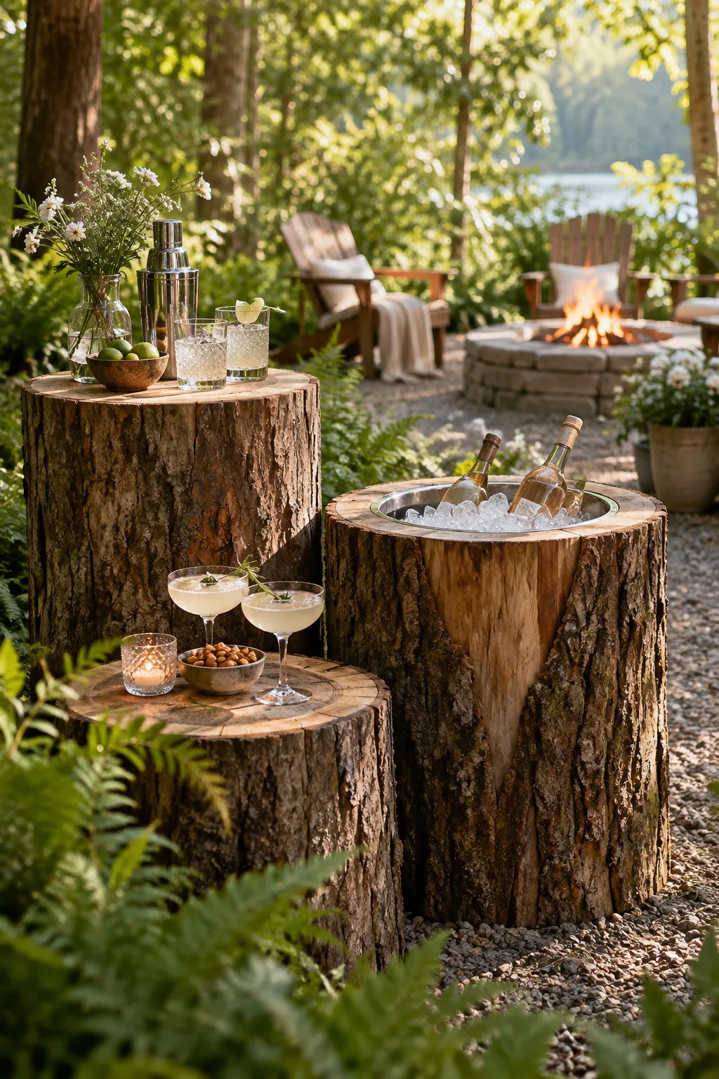 Large sanded tree stump holding a cocktail shaker and glasses