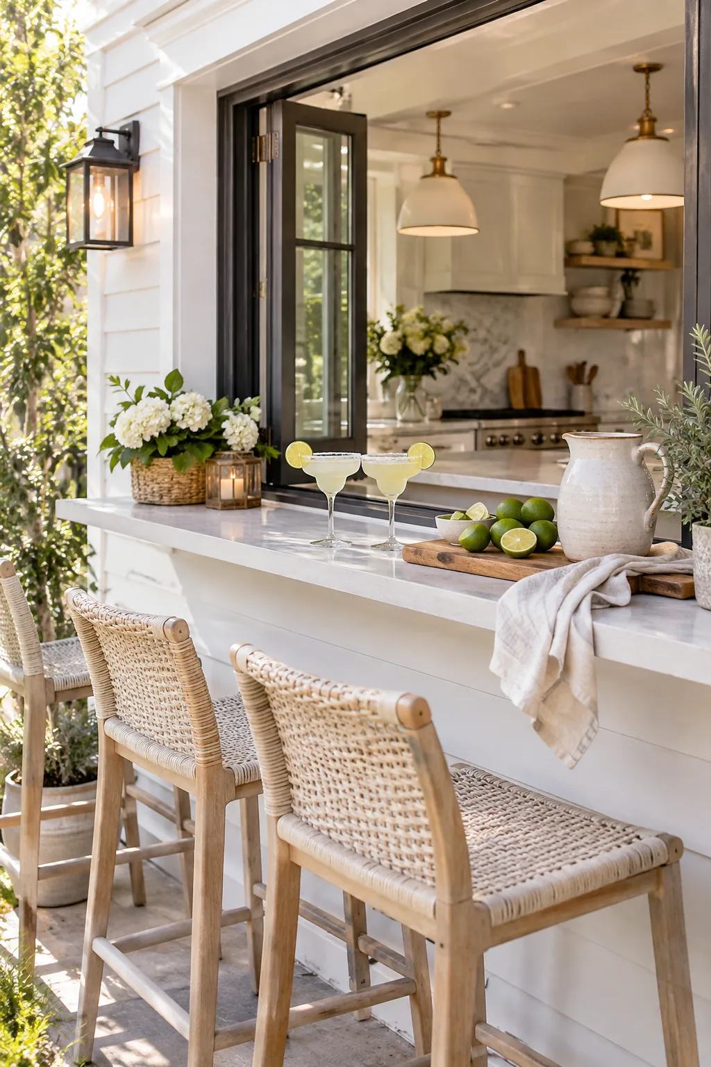 Outdoor ledge under a kitchen window with bar stools and drinks