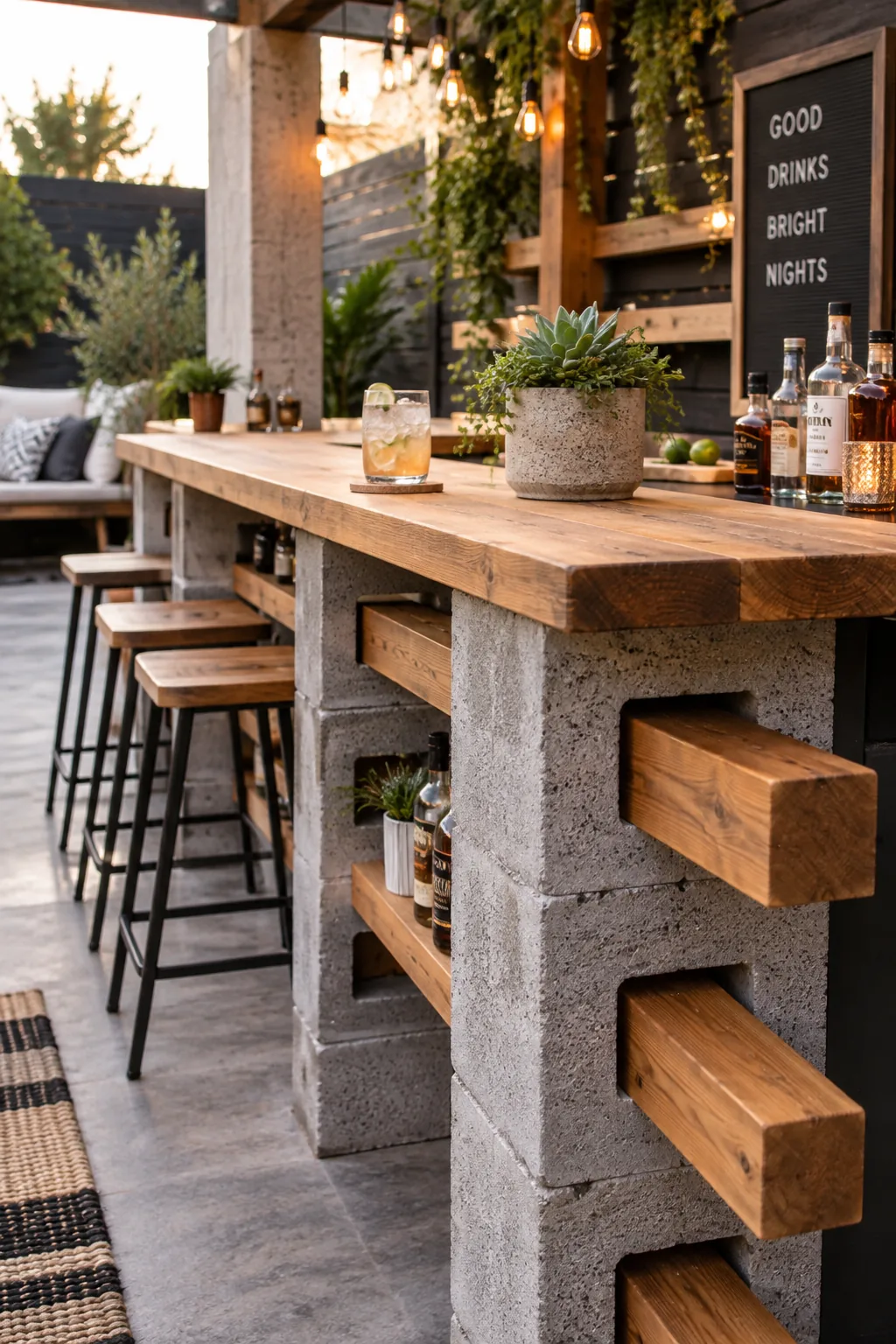 Cinder blocks stacked with thick wooden posts creating a modern outdoor bar