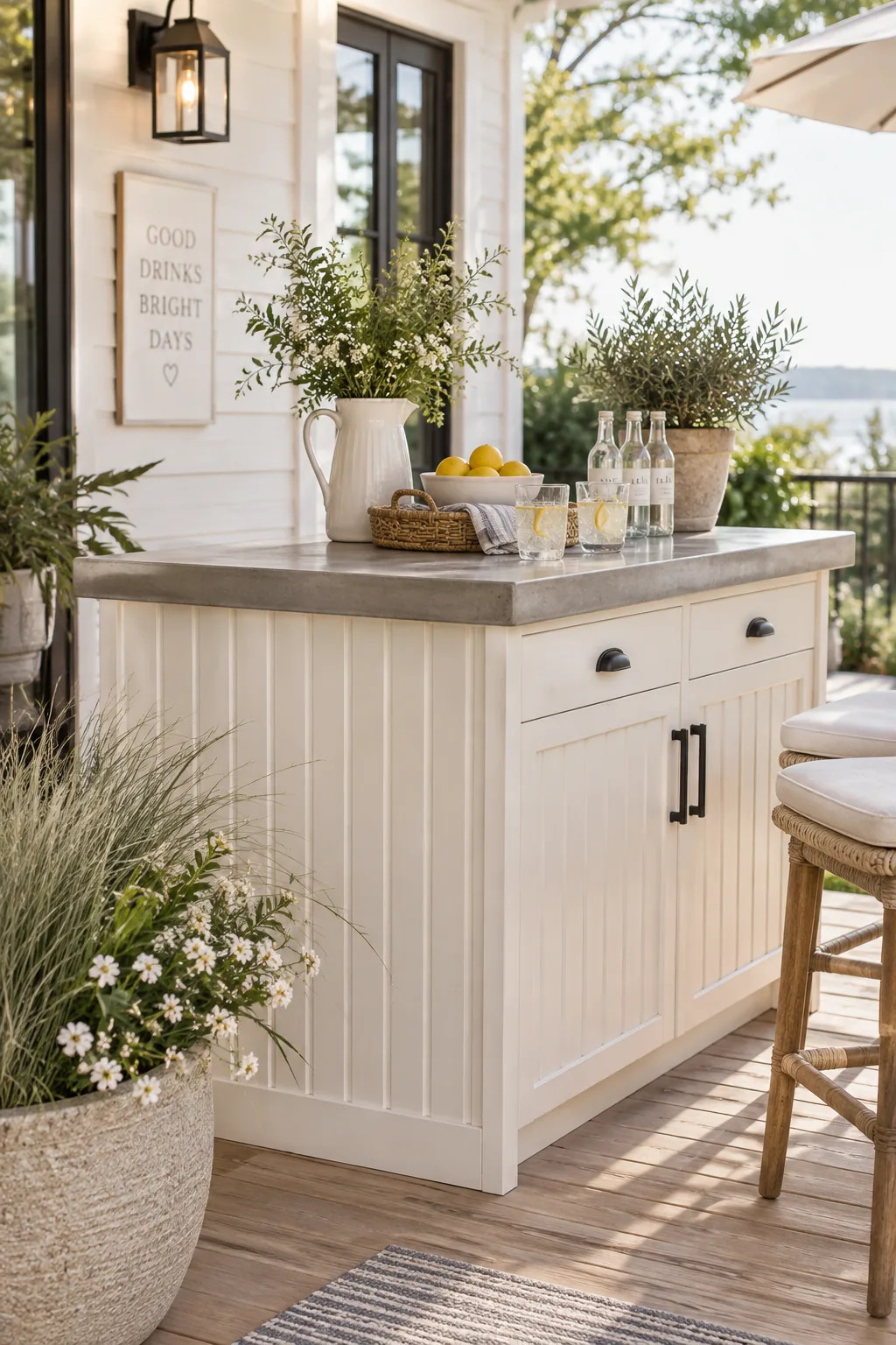 Base kitchen cabinet wrapped in beadboard with a concrete top on a patio