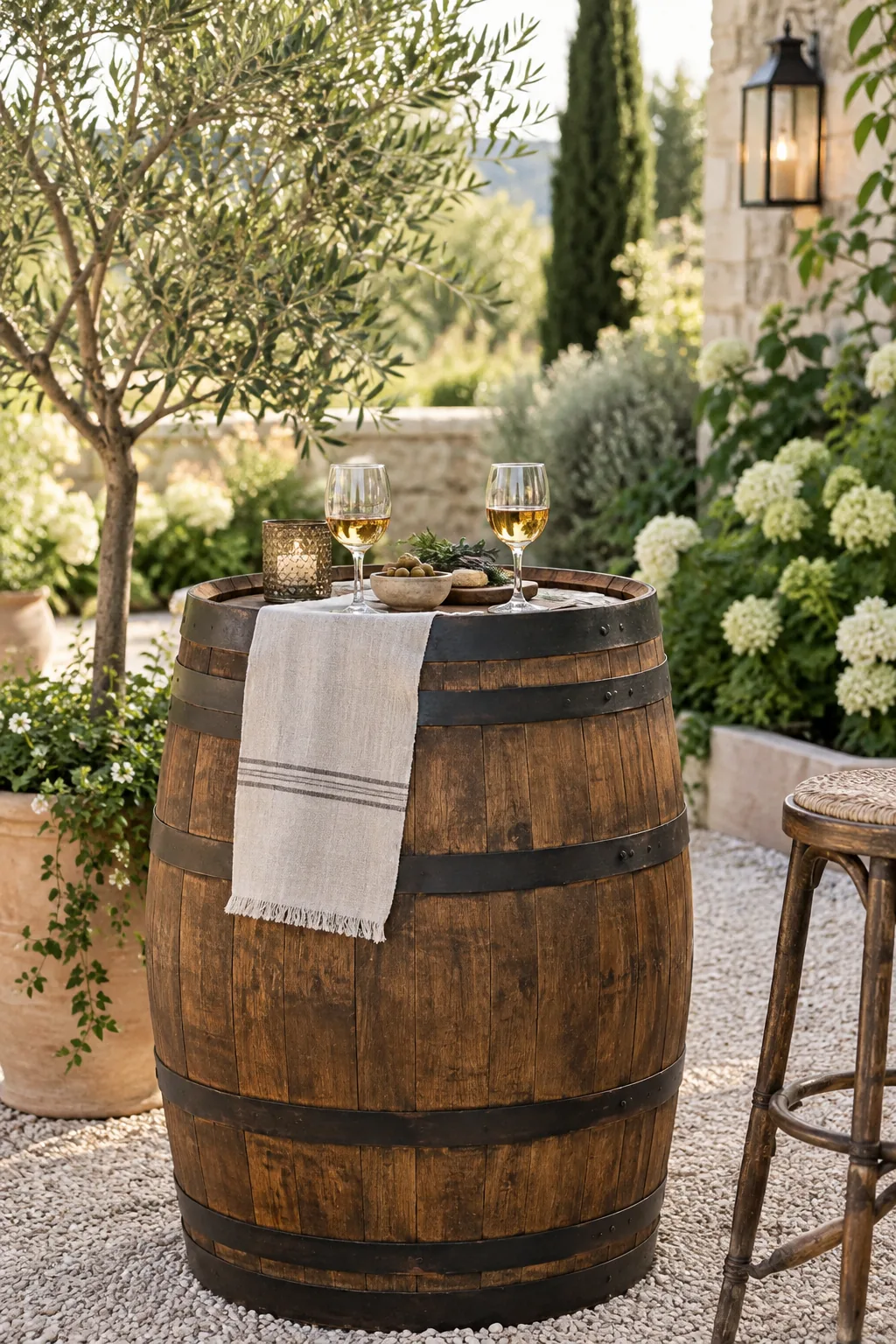 Oak whiskey barrel standing on grass with drinks resting on top