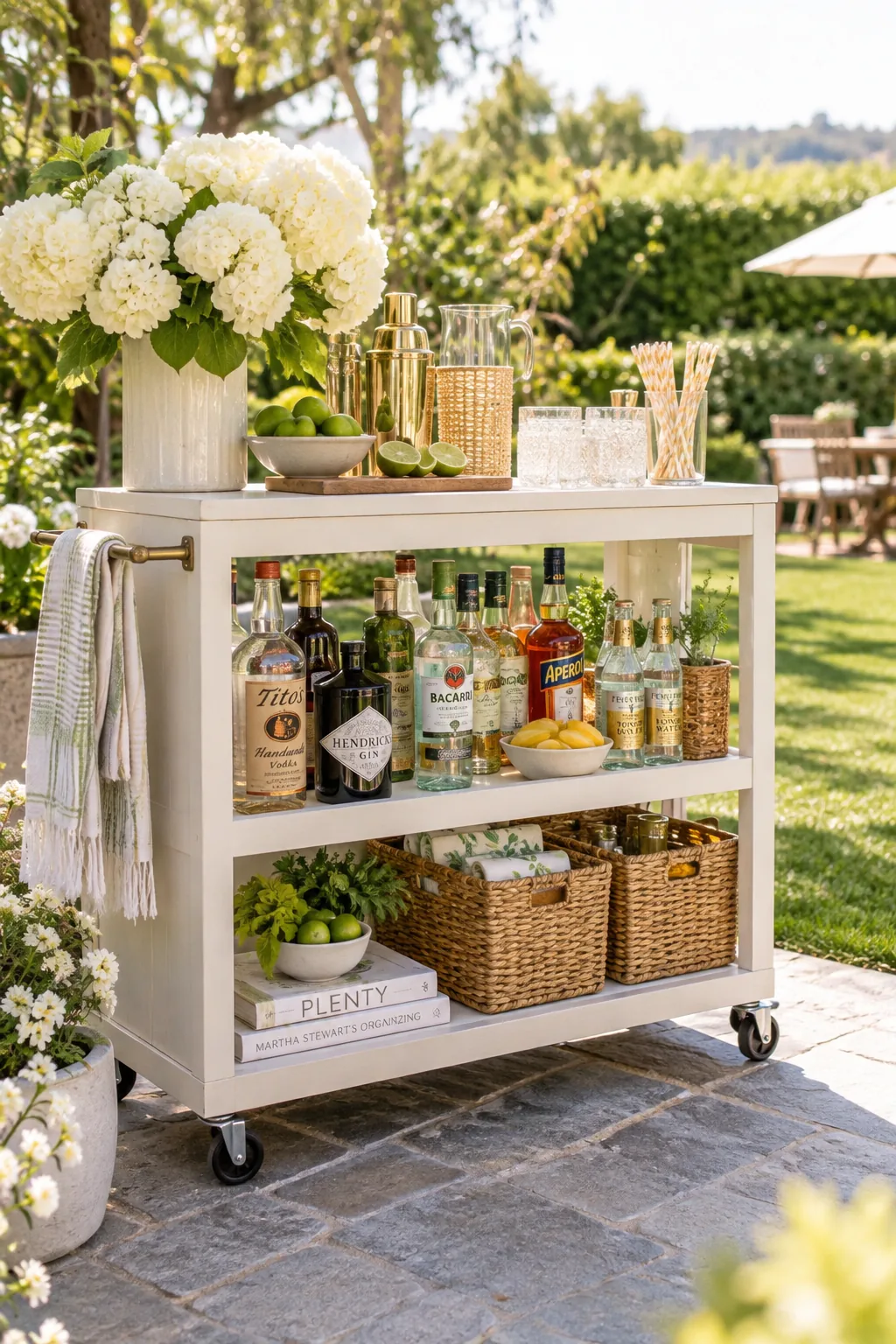 Painted three-shelf bookcase on casters styled with liquor bottles and baskets