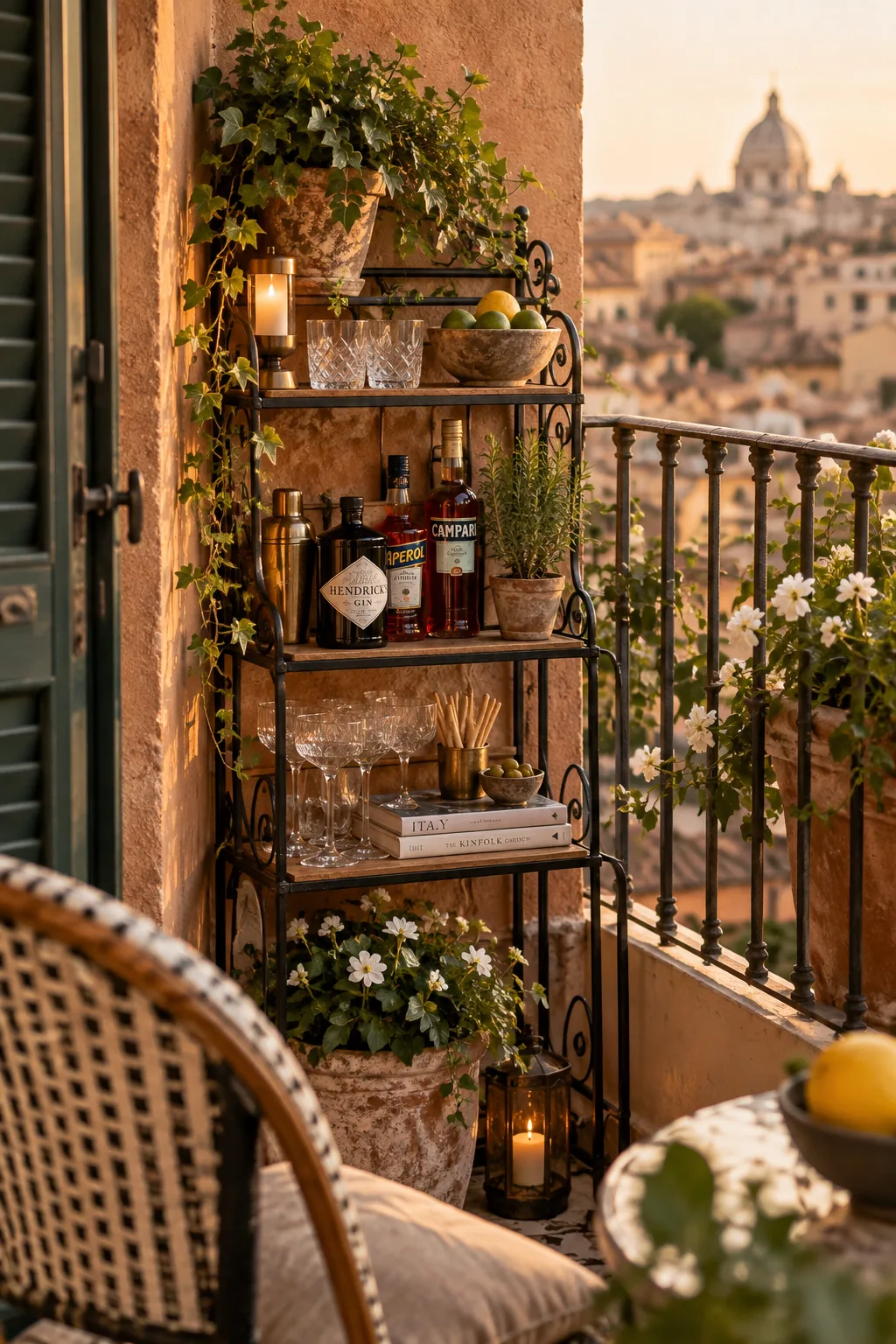 Tiered wrought iron plant stand holding glassware and bottles on a balcony