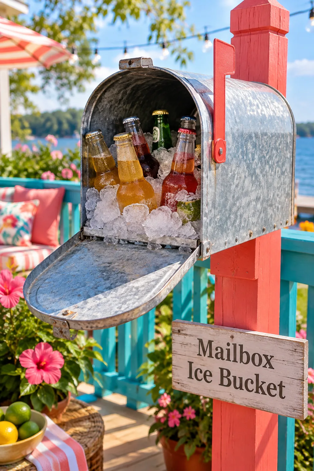 Vintage galvanized mailbox mounted on a post filled with ice and cans