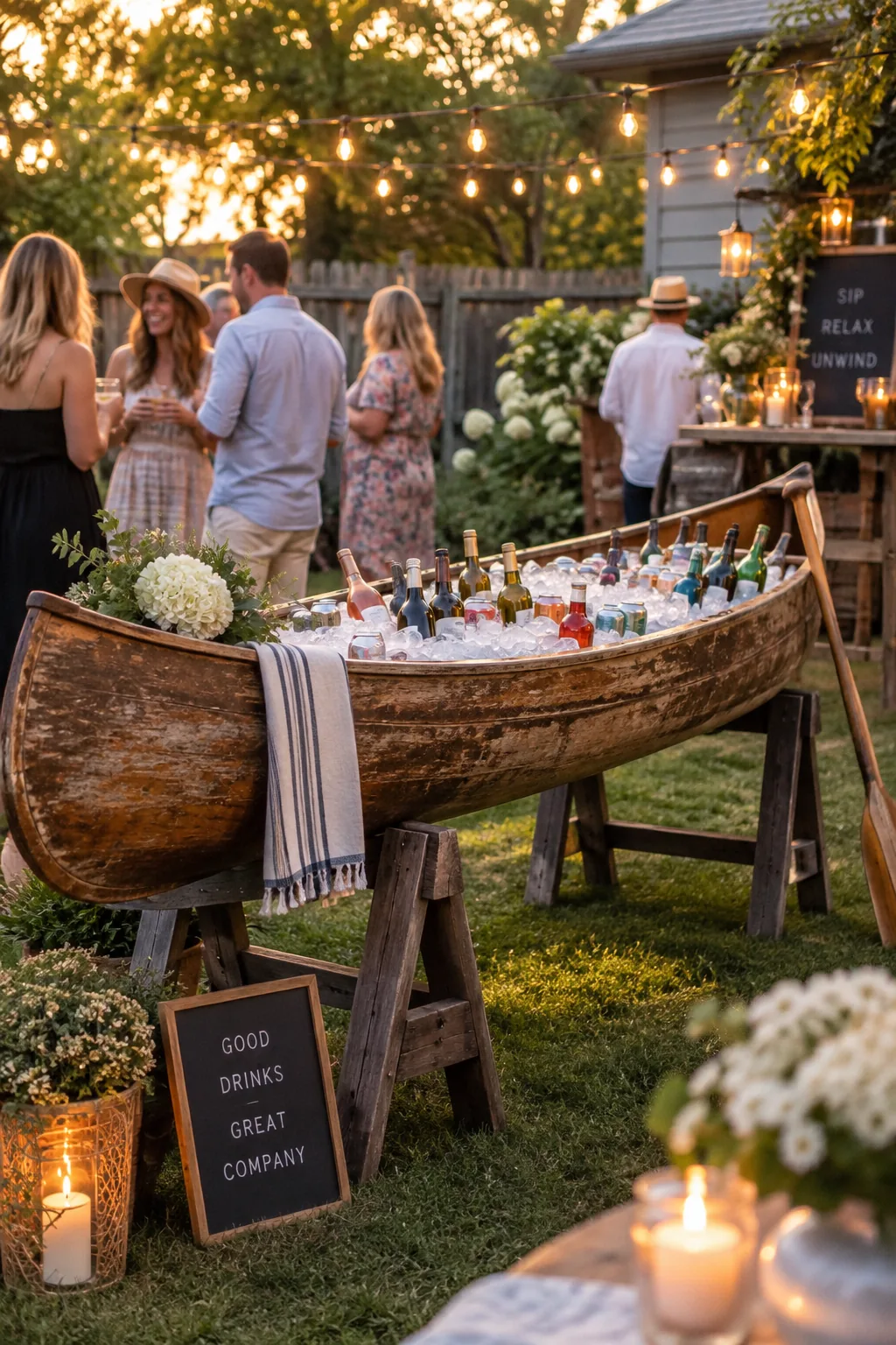 Vintage canoe sitting on wooden sawhorses filled with ice and beverages