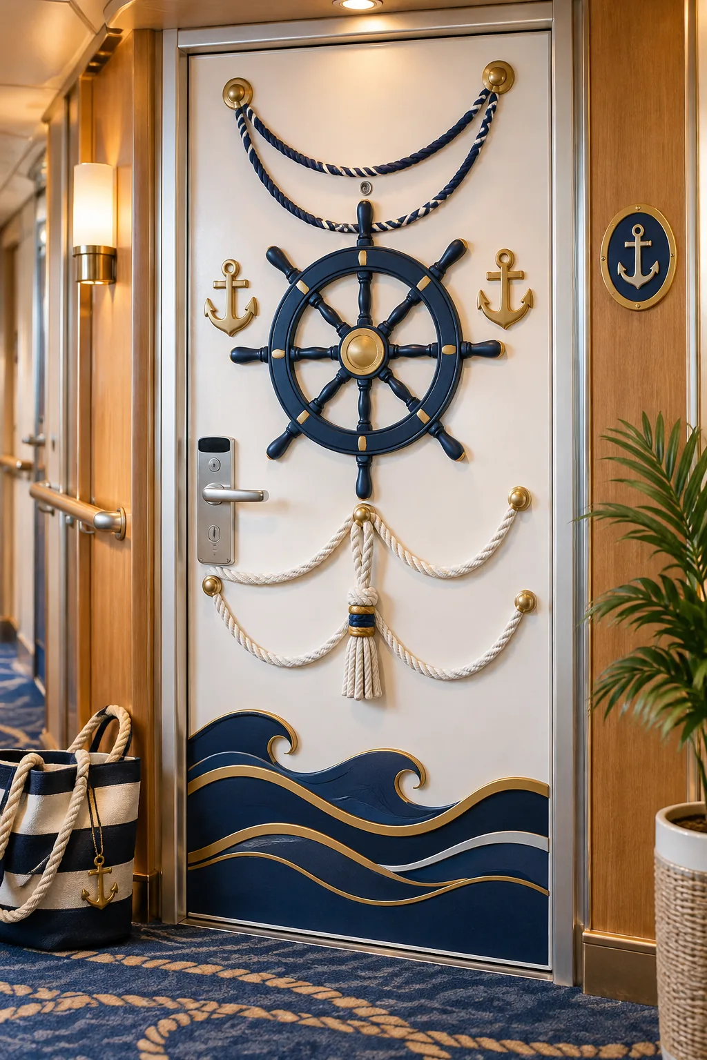 A cruise cabin door decorated with navy blue and gold nautical elements.