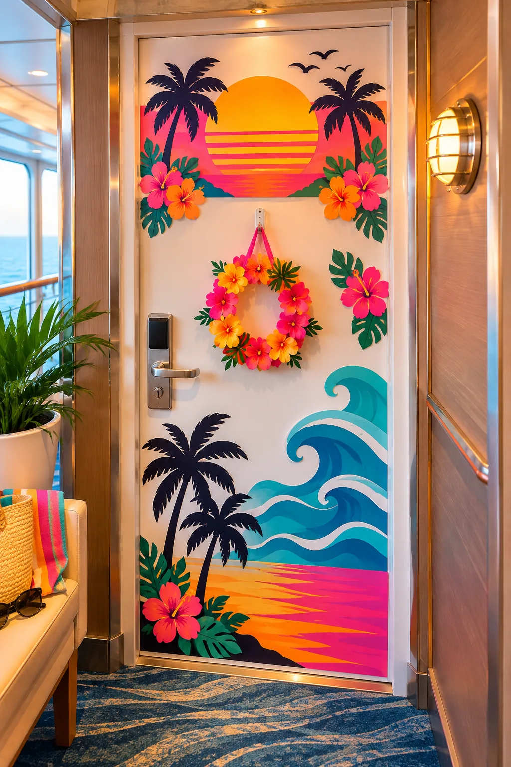 A cruise cabin door decorated with neon pink and orange retro sunset cutouts.