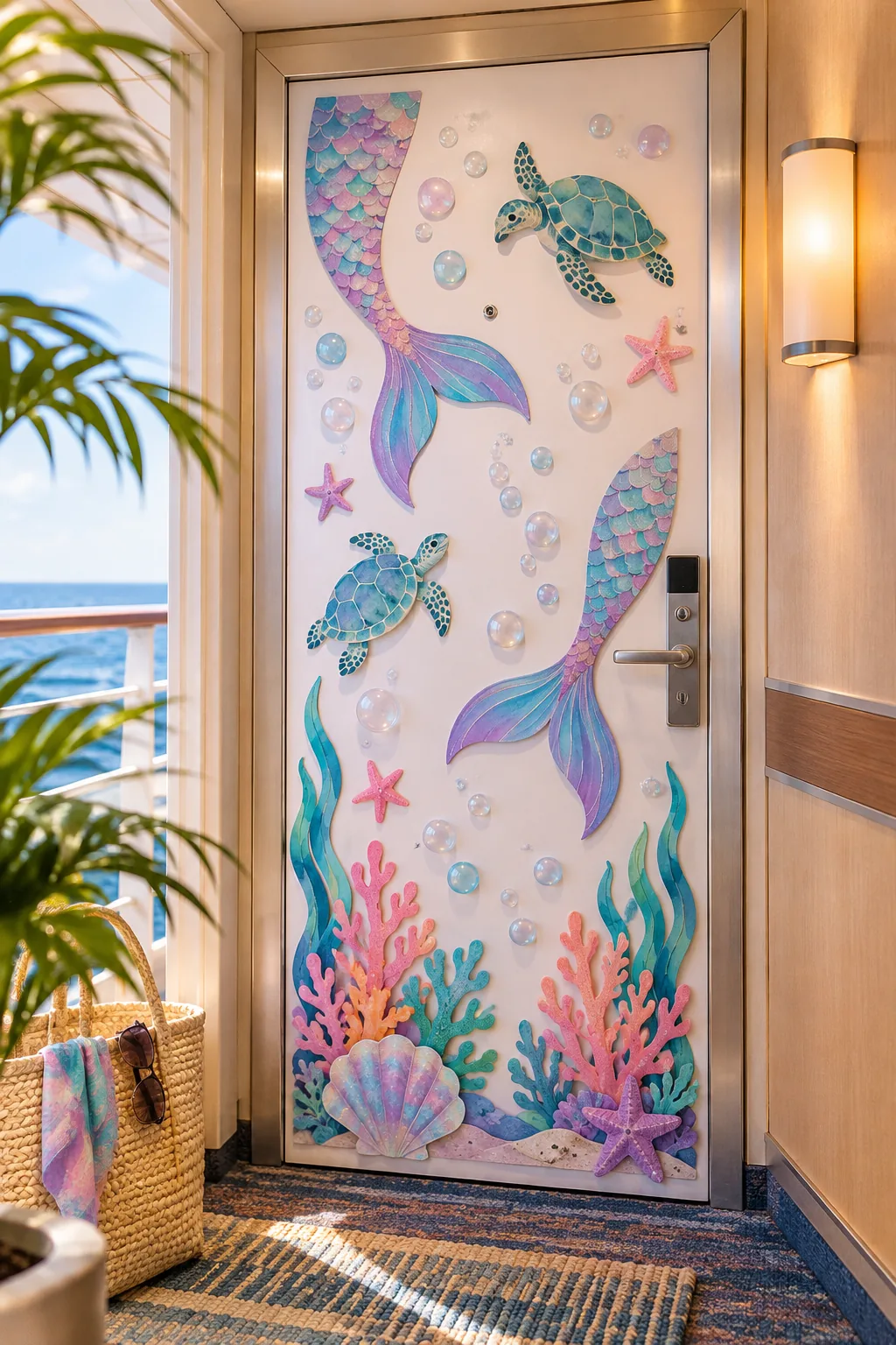 A cruise cabin door decorated with pastel mermaid tails and sea turtle cutouts.