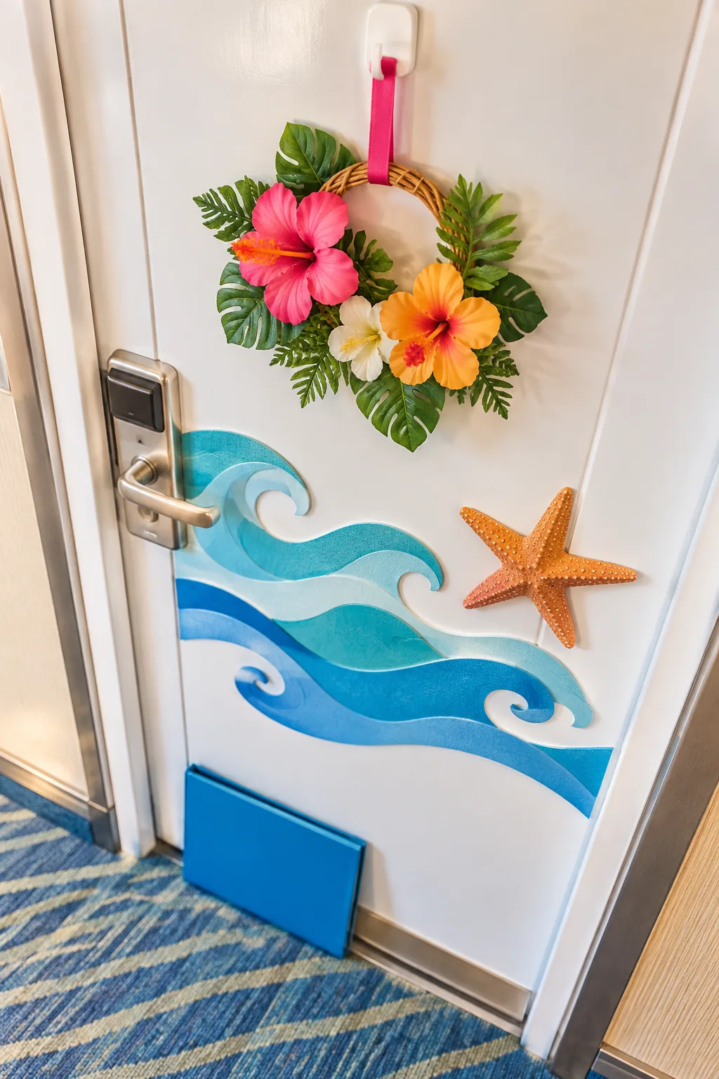 Layered paper wave and starfish cutouts attached securely to a white metal door.
