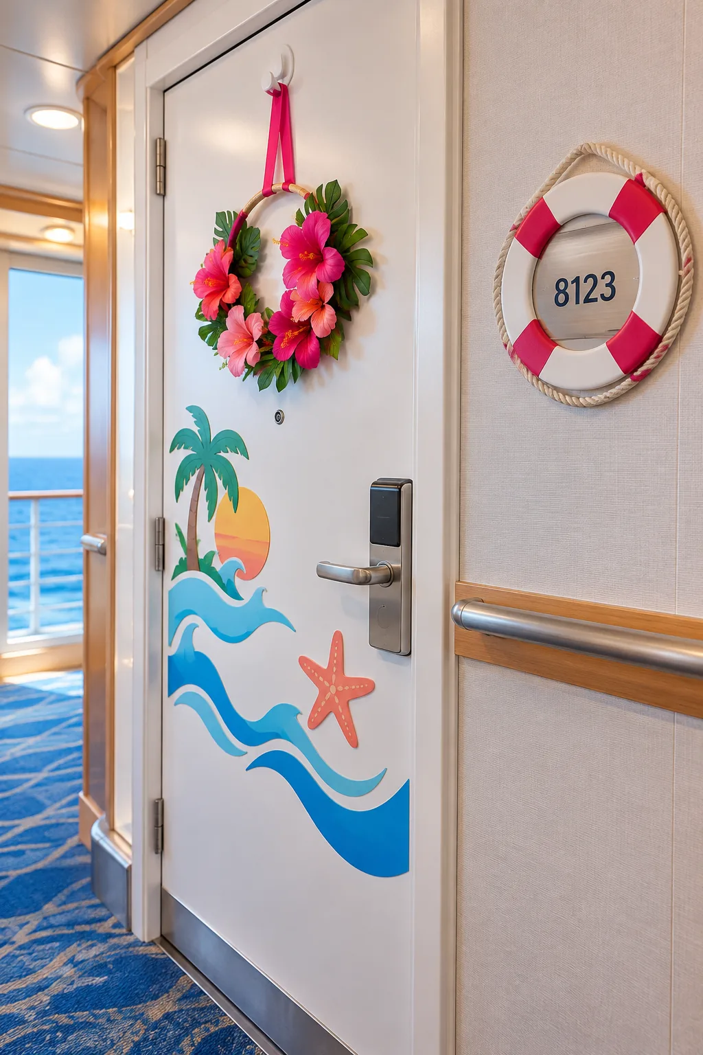A faux-hibiscus hoop wreath hanging from a white magnetic hook on a cabin door.