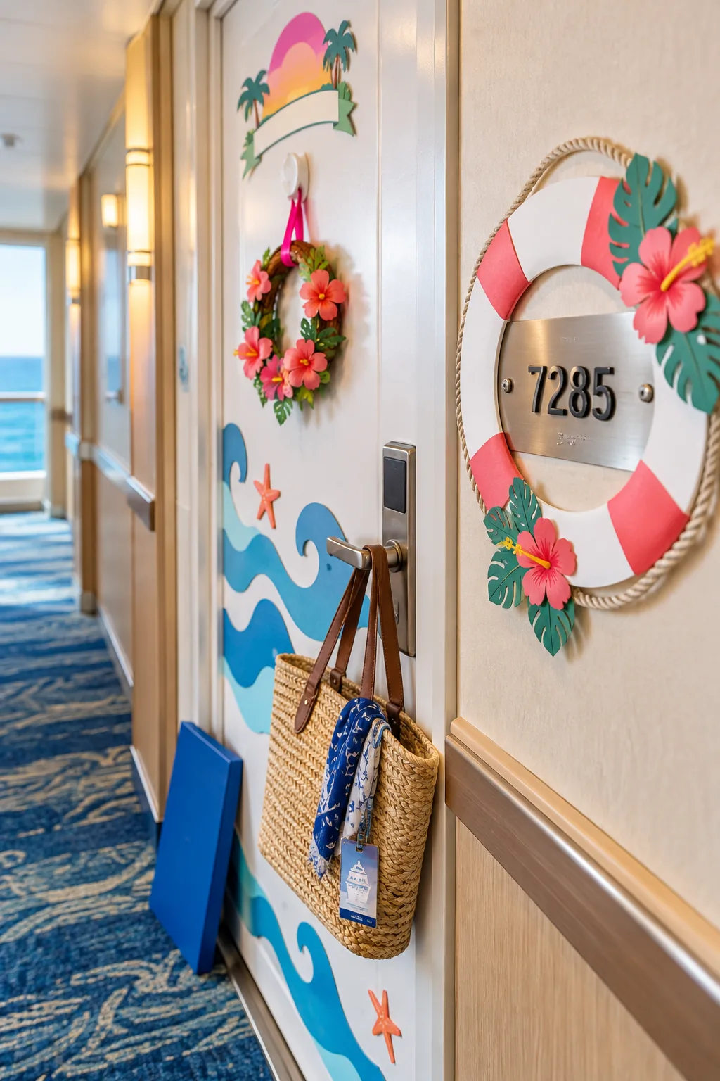 A decorative paper life-ring framing a cruise ship cabin number plate.