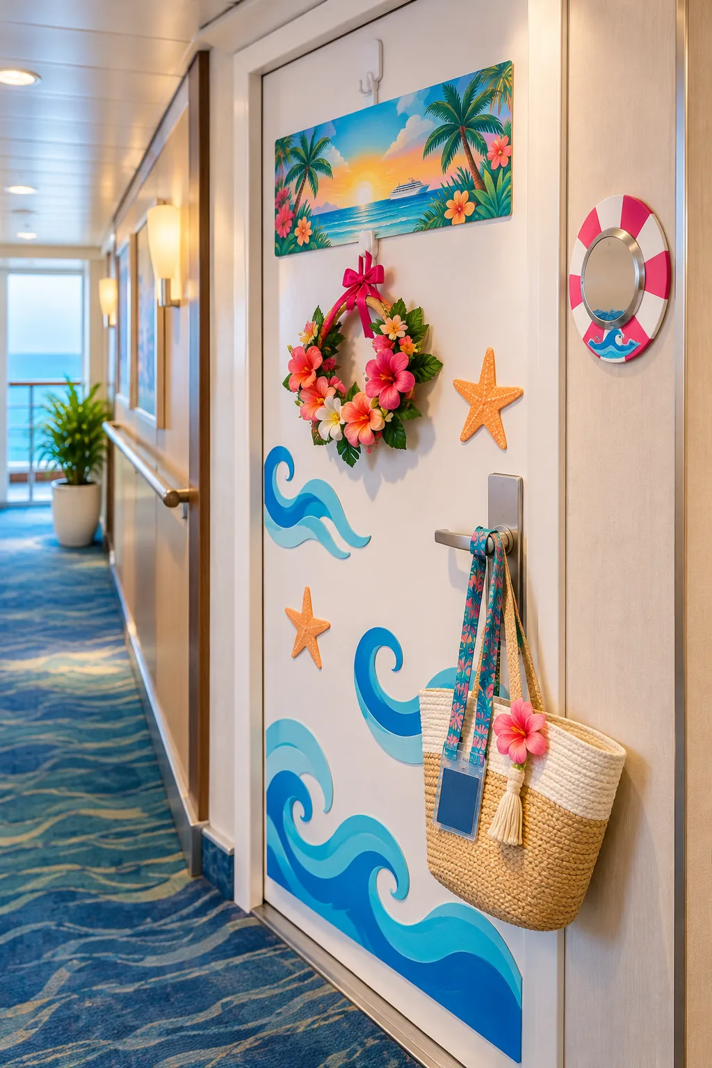 A fully decorated cruise cabin door with a woven beach tote hanging on the handle.