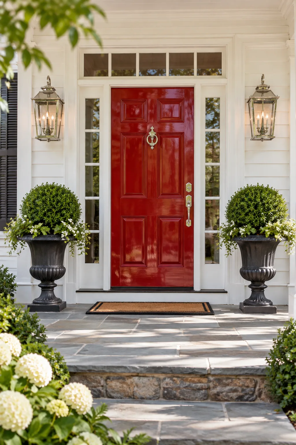 A classic colonial front porch with a glossy red door, nickel hardware, and cast-iron urns.