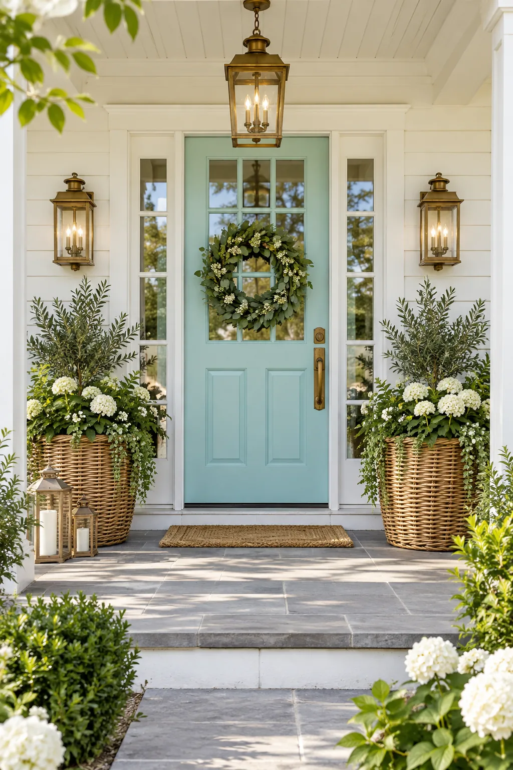 A coastal cottage front porch with a soft aqua door, weathered brass, and woven rattan planters.