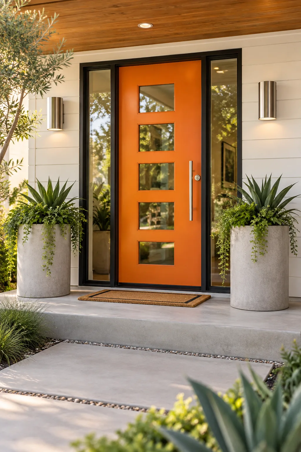 A mid-century modern front porch with a vibrant orange door, sleek silver hardware, and concrete planters.
