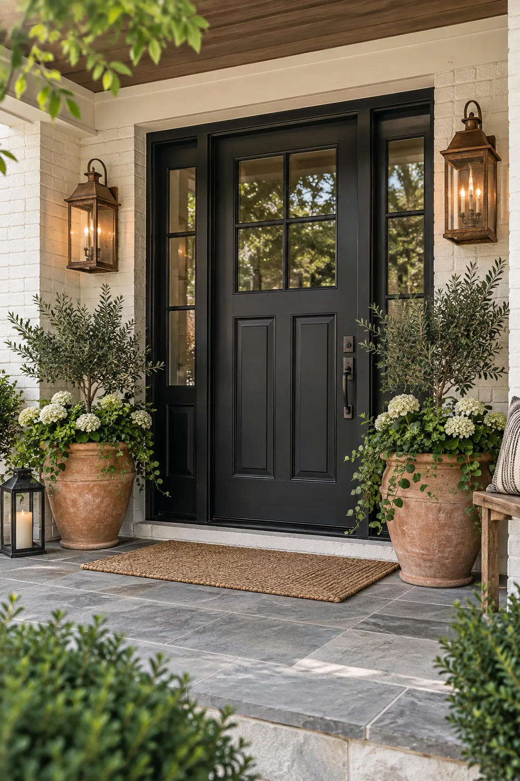 A moody transitional front porch with a charcoal black door, aged copper sconces, and terracotta pots.