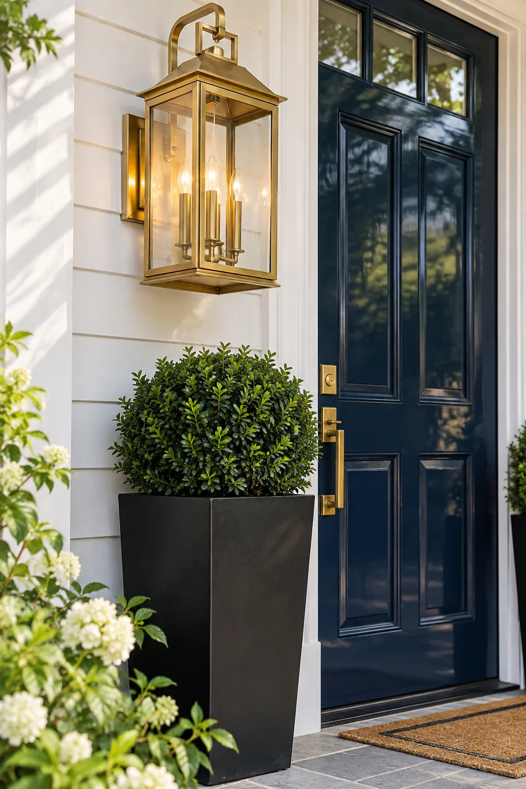 A tall black tapered planter containing a round green boxwood shrub sitting on a porch next to a navy door.