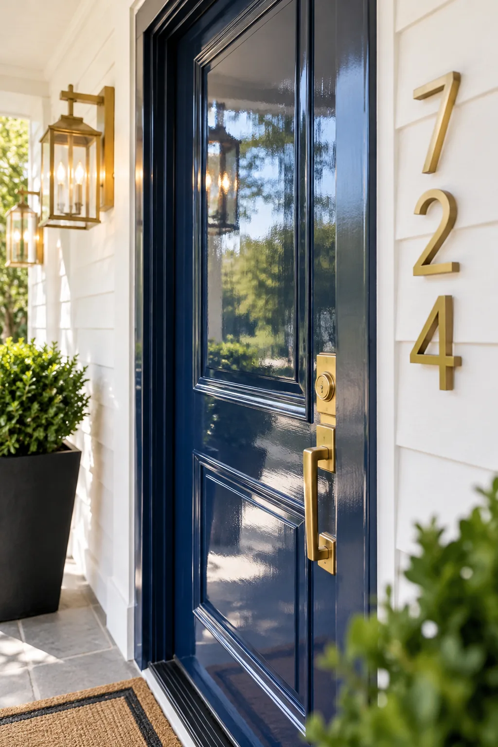 Modern brass house numbers mounted on white siding next to a front door.