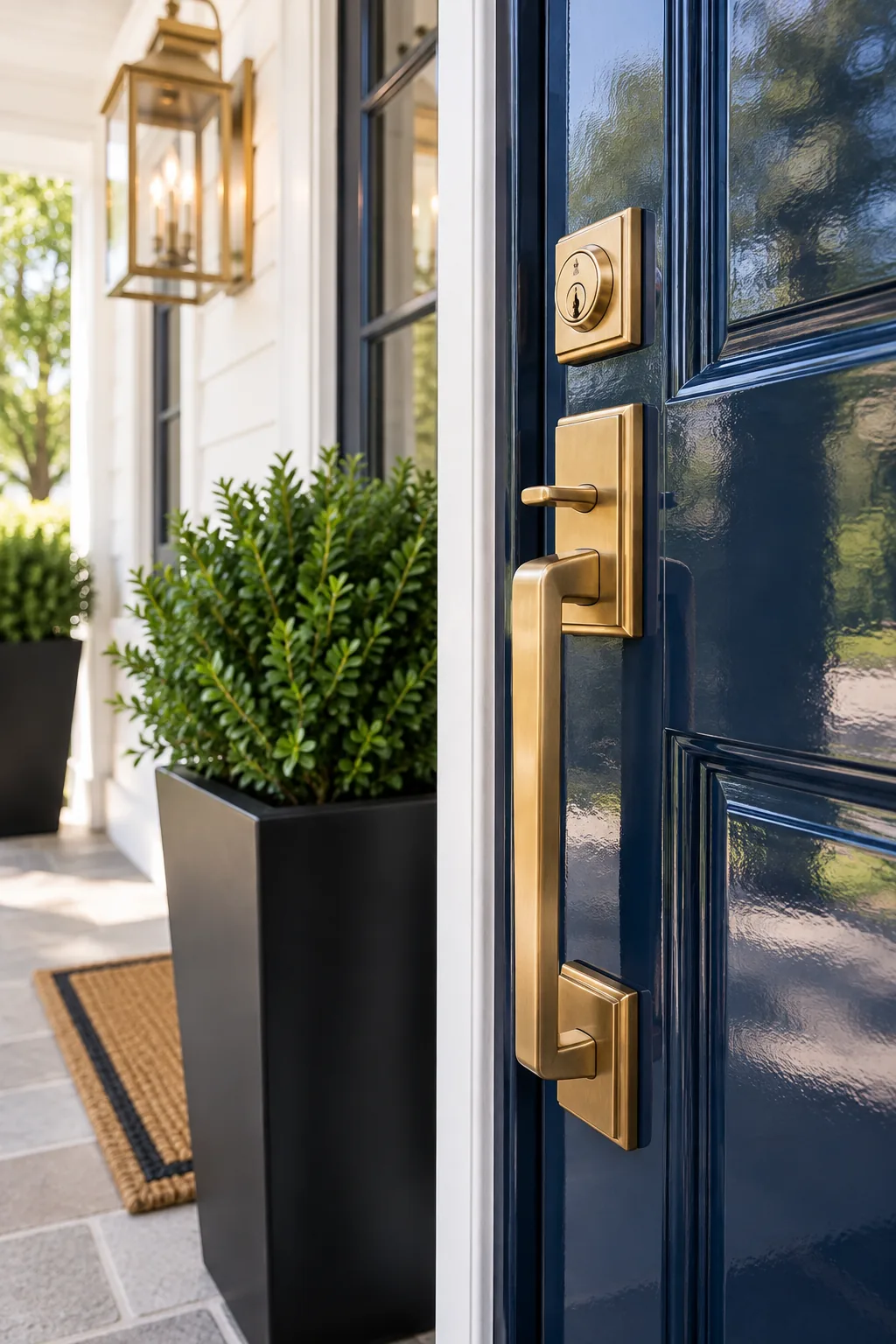 A close view of a glossy navy blue front door showing a perfectly smooth, reflective painted surface.