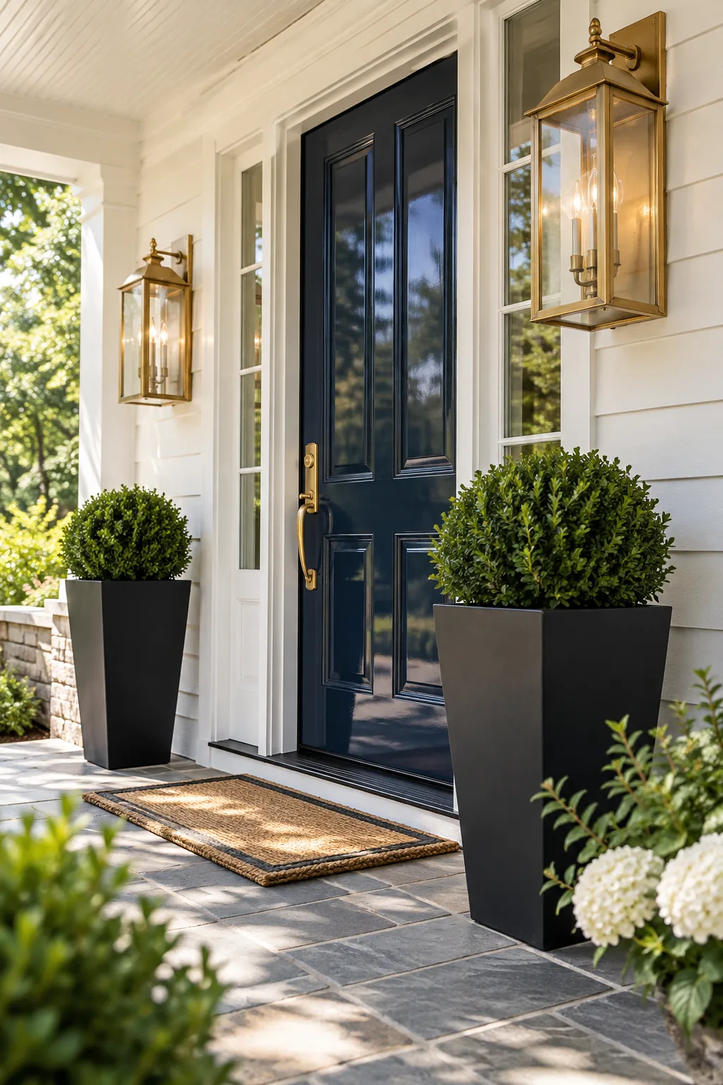 A polished brass handleset installed on a glossy navy blue front door.