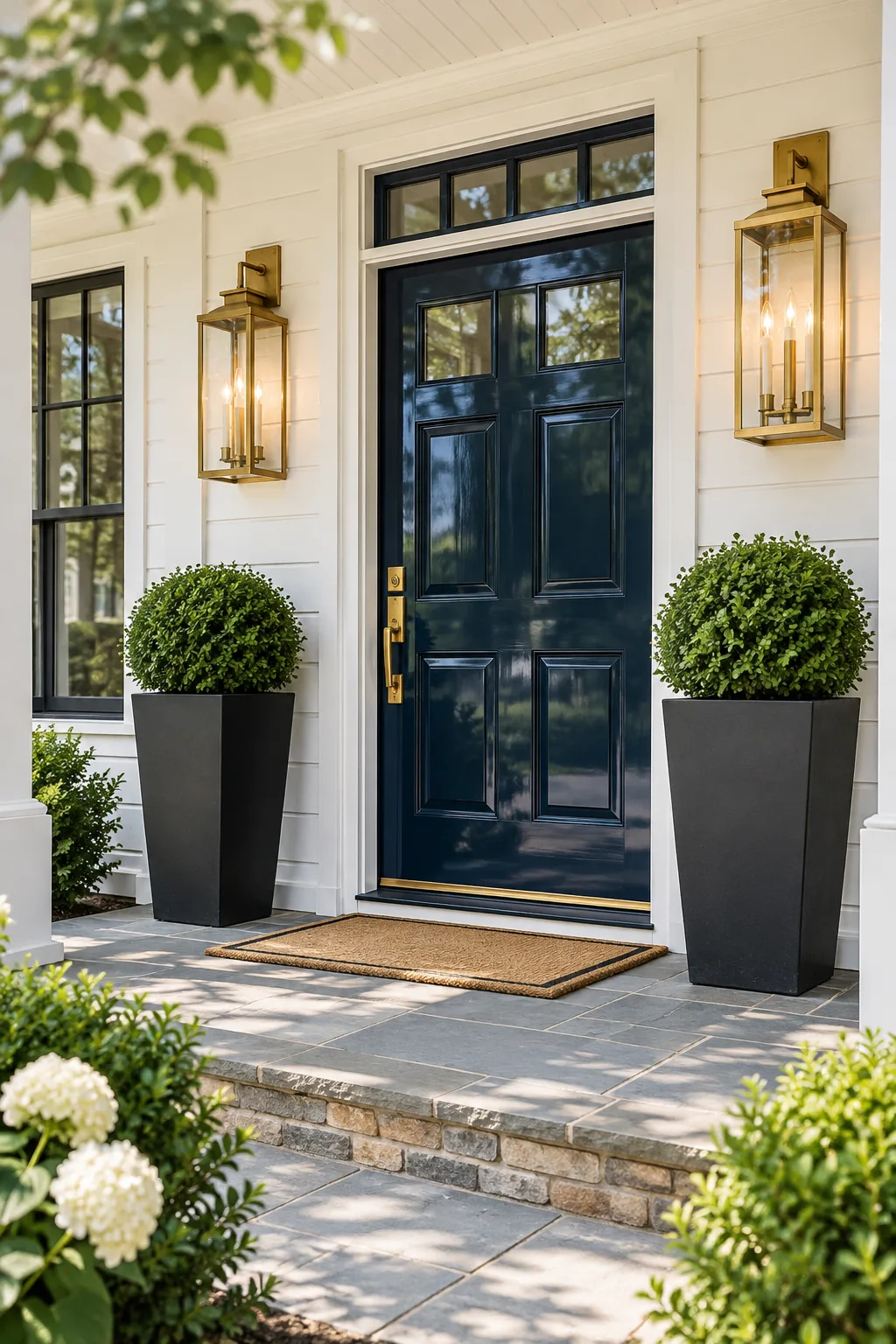 A complete view of an upgraded front porch with a navy door, brass fixtures, and tall planters.
