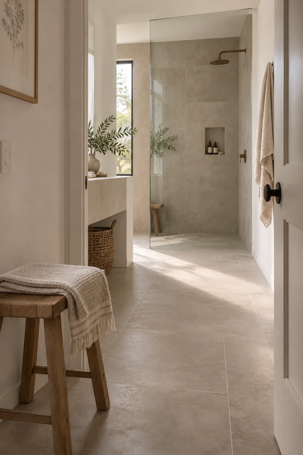 Bathroom featuring seamless large format floor tile extending directly into a curbless shower