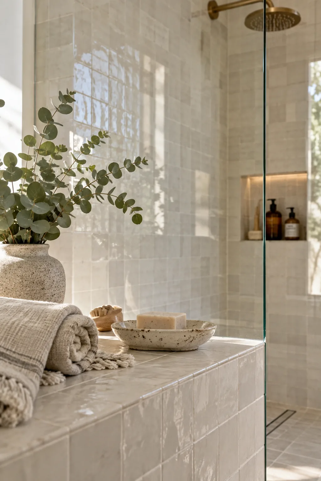 Curbless shower enclosed by thick frameless glass panels