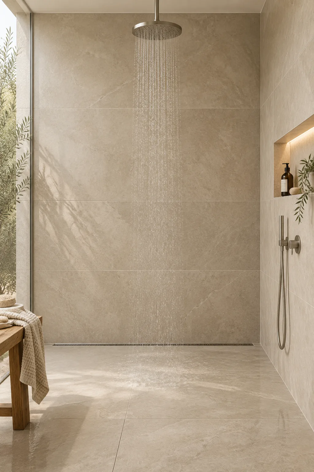 Close up of a sleek linear trench drain against a shower wall