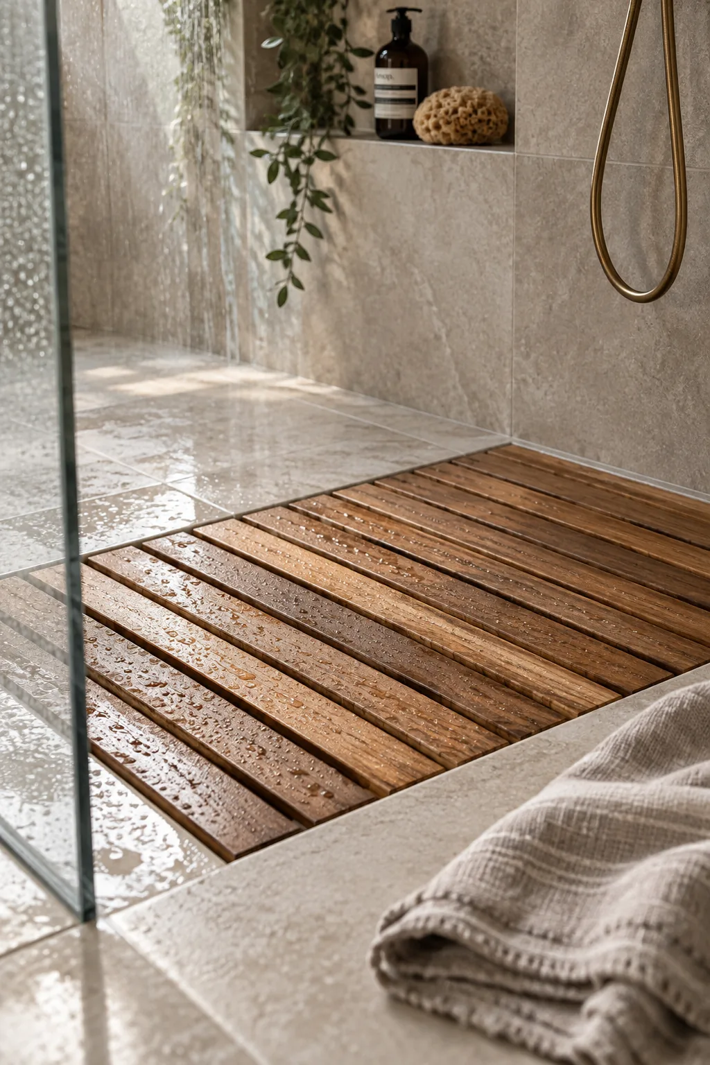 Curbless shower with a custom teak wood slatted floor insert