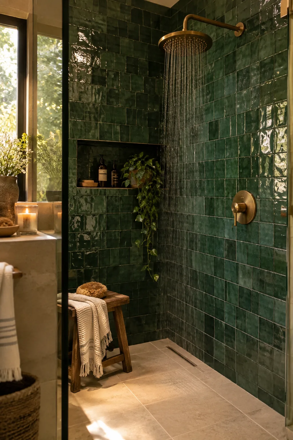 Curbless shower featuring a deep emerald green zellige tile accent wall