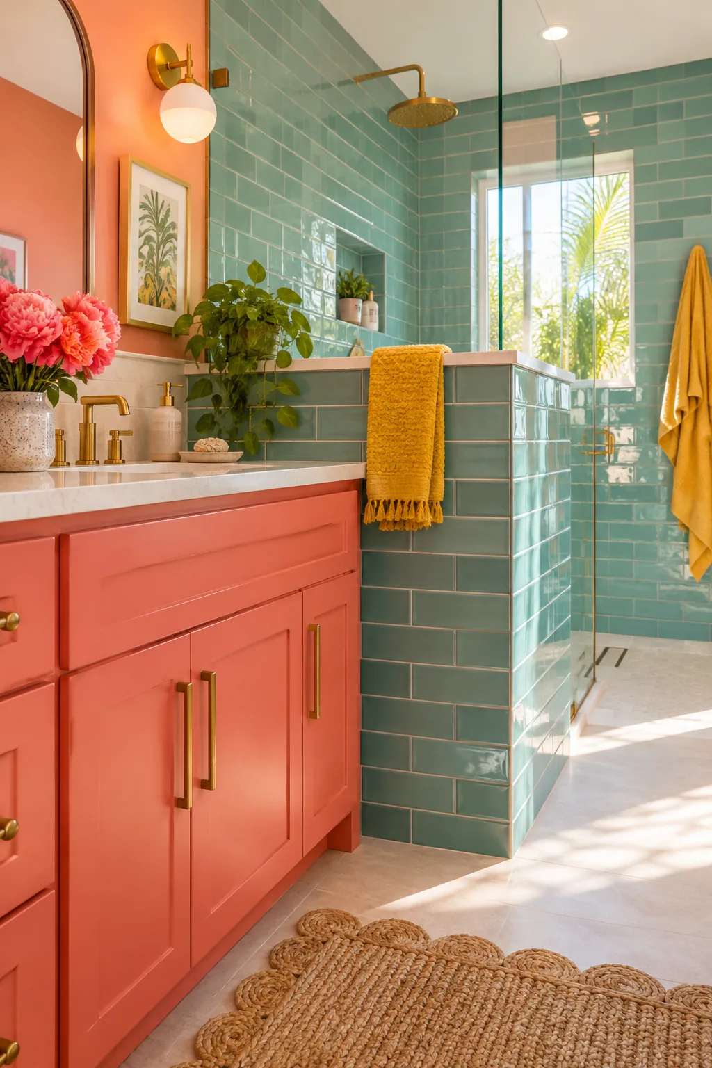 Bathroom shower separated by a tiled half-wall topped with glass