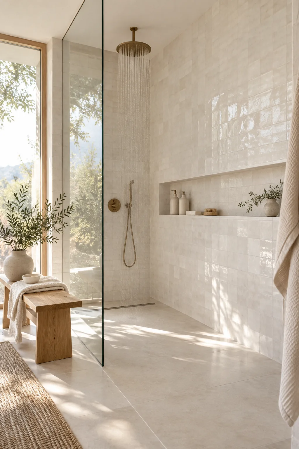 Wide horizontal recessed shower niche filled with aesthetic bath products