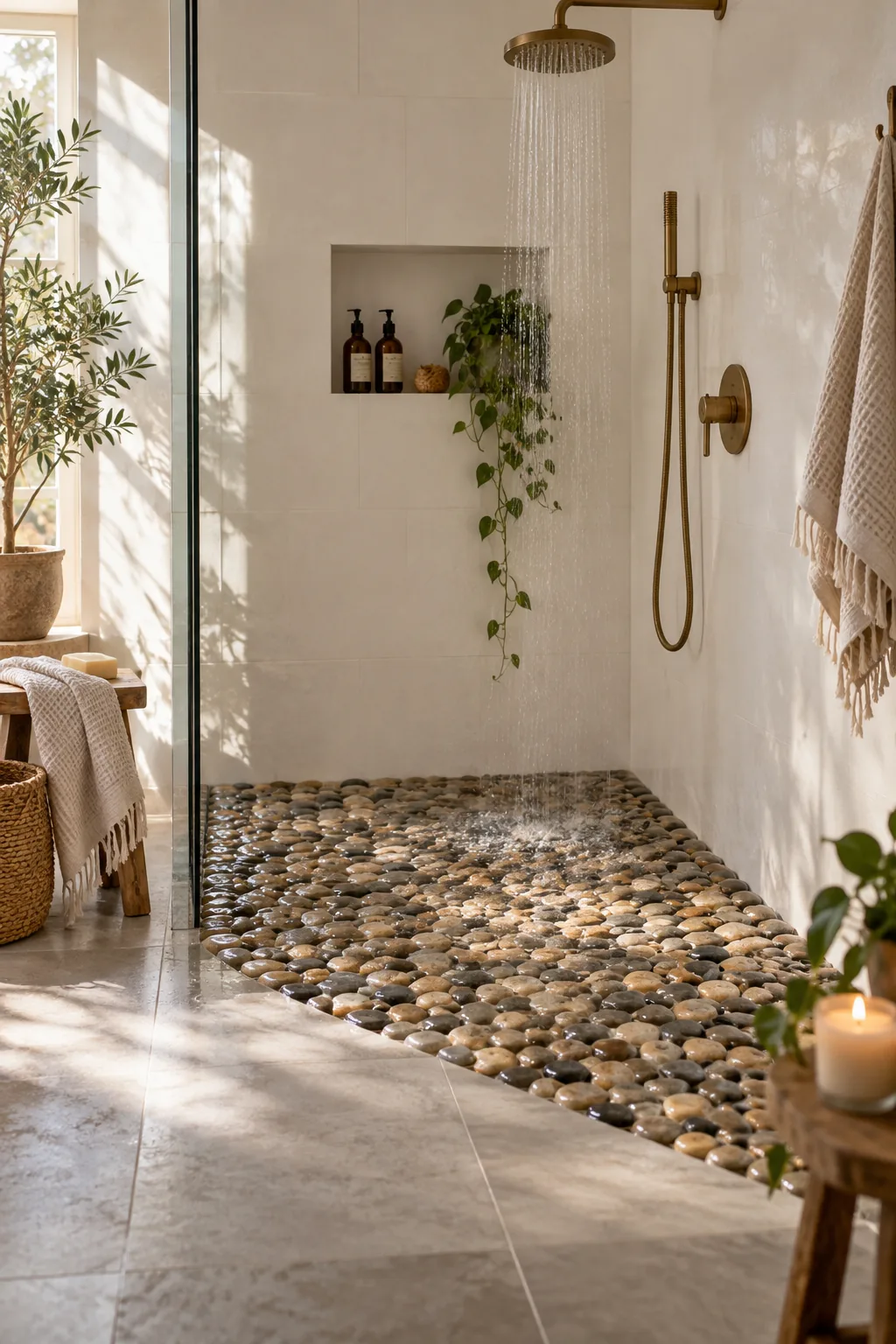 Transition from smooth bathroom floor tile to textured river rock in the shower