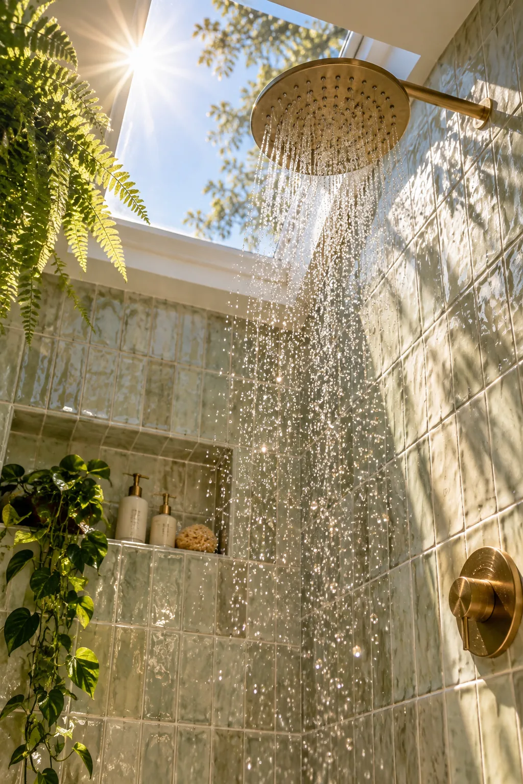 Bright curbless shower illuminated by a large overhead skylight