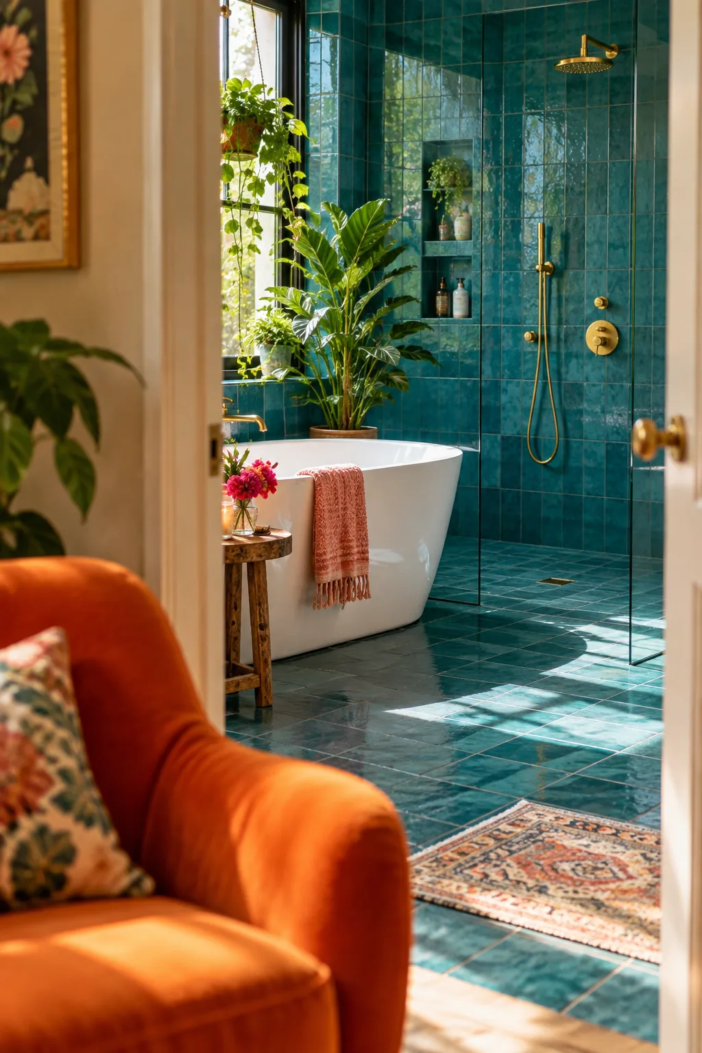 Freestanding tub placed inside a large curbless shower wet room