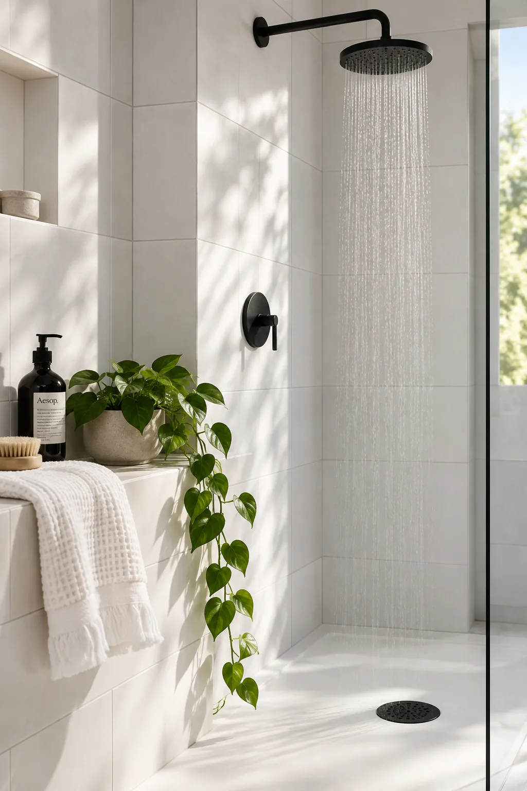 Crisp white tiled curbless shower featuring matte black plumbing fixtures