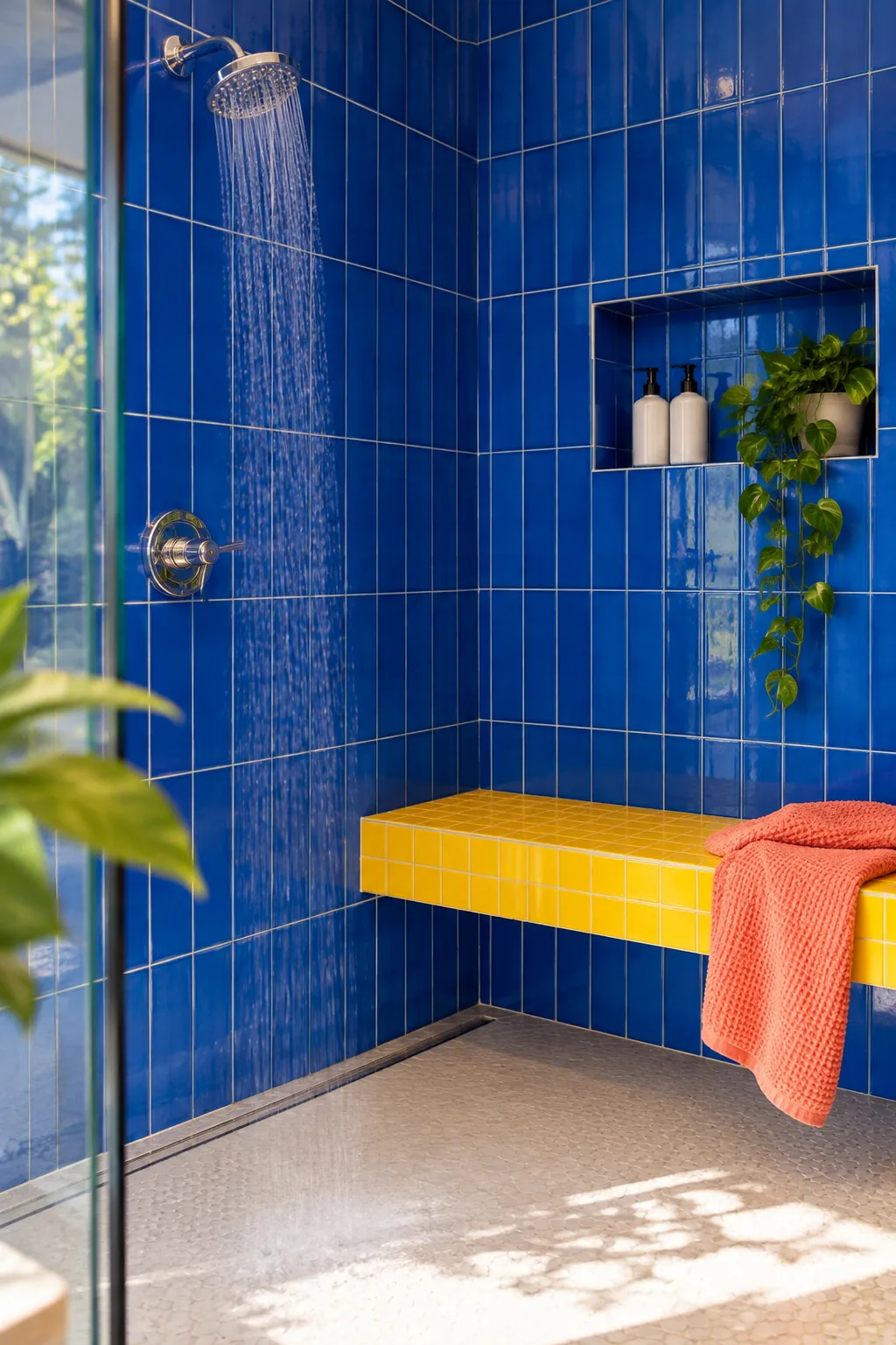 Tiled floating bench hovering above a curbless shower floor