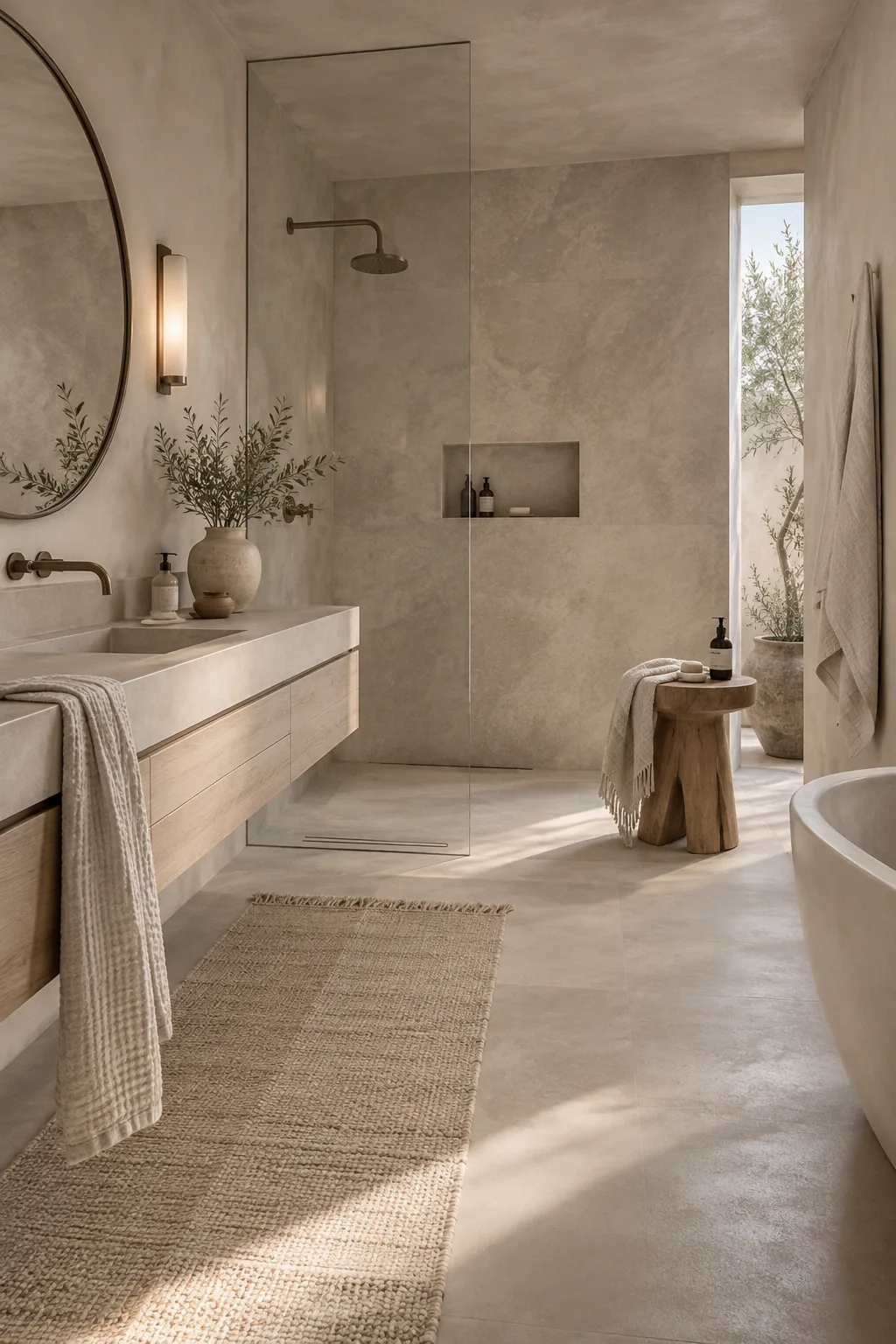 Monochromatic bathroom with seamless greige tile and matching wall paint