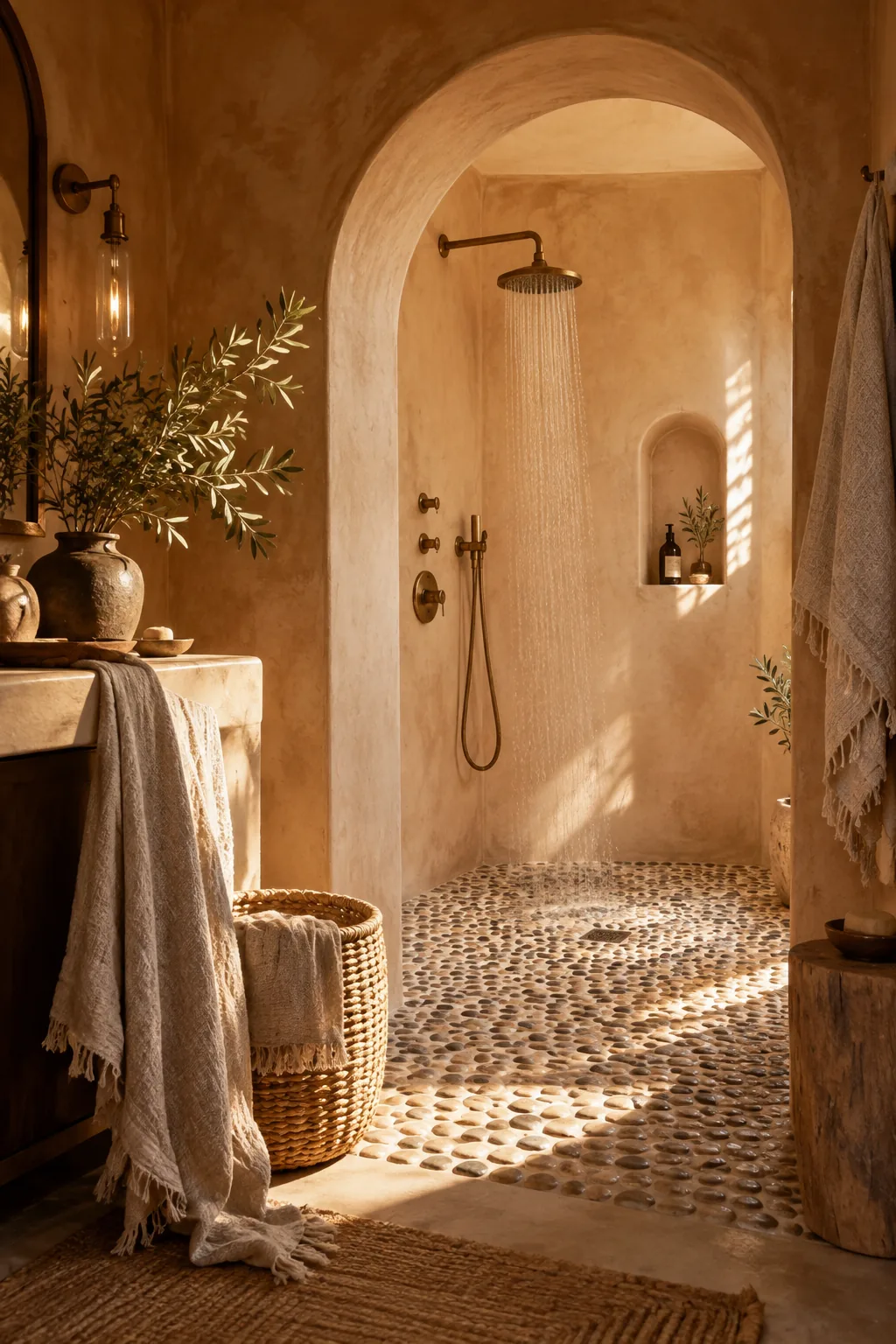 Curbless shower framed by a smooth plastered architectural archway