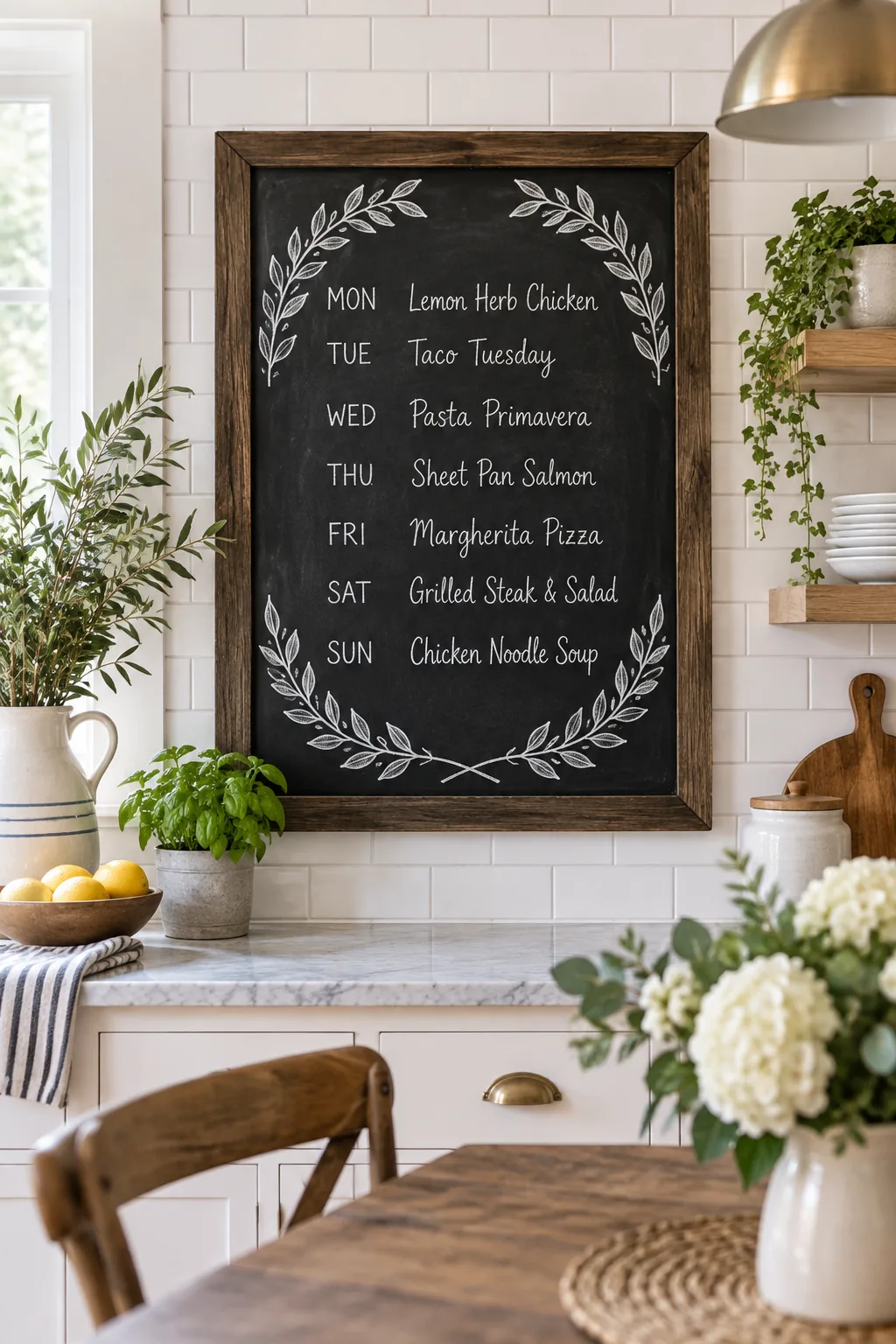 Modern farmhouse chalkboard menu with white lettering and a minimalist laurel wreath border against white subway tile.