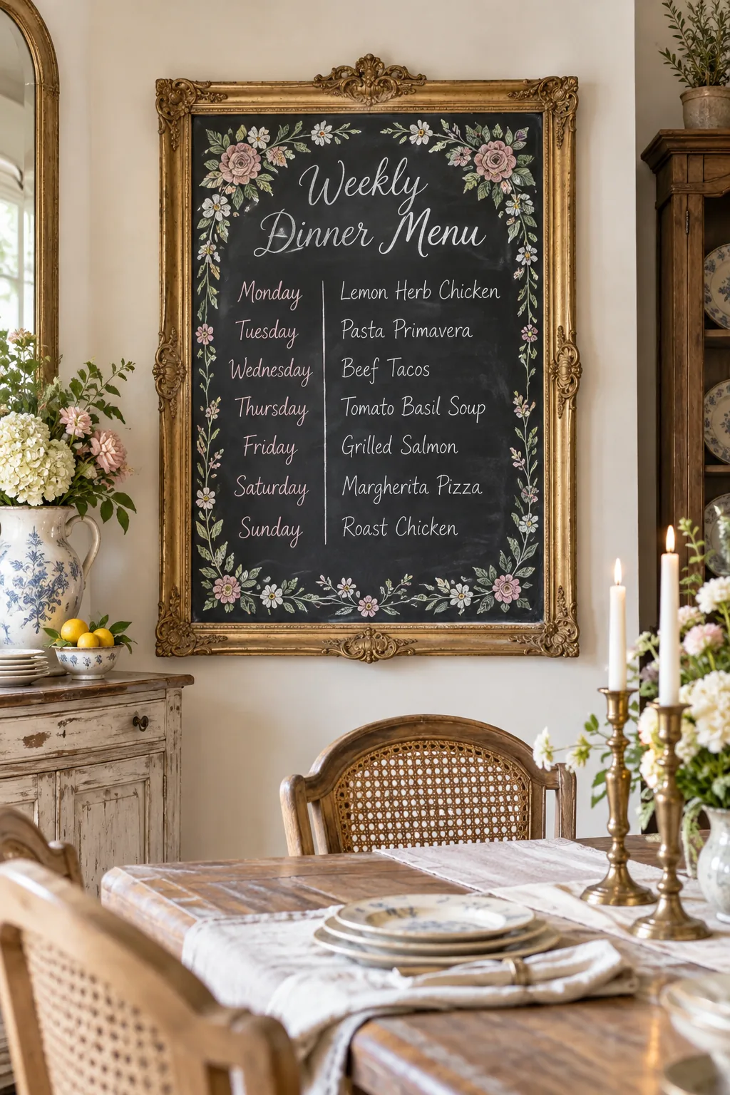 French country chalkboard menu in an ornate gold frame with pastel floral borders styled near brass candlesticks.