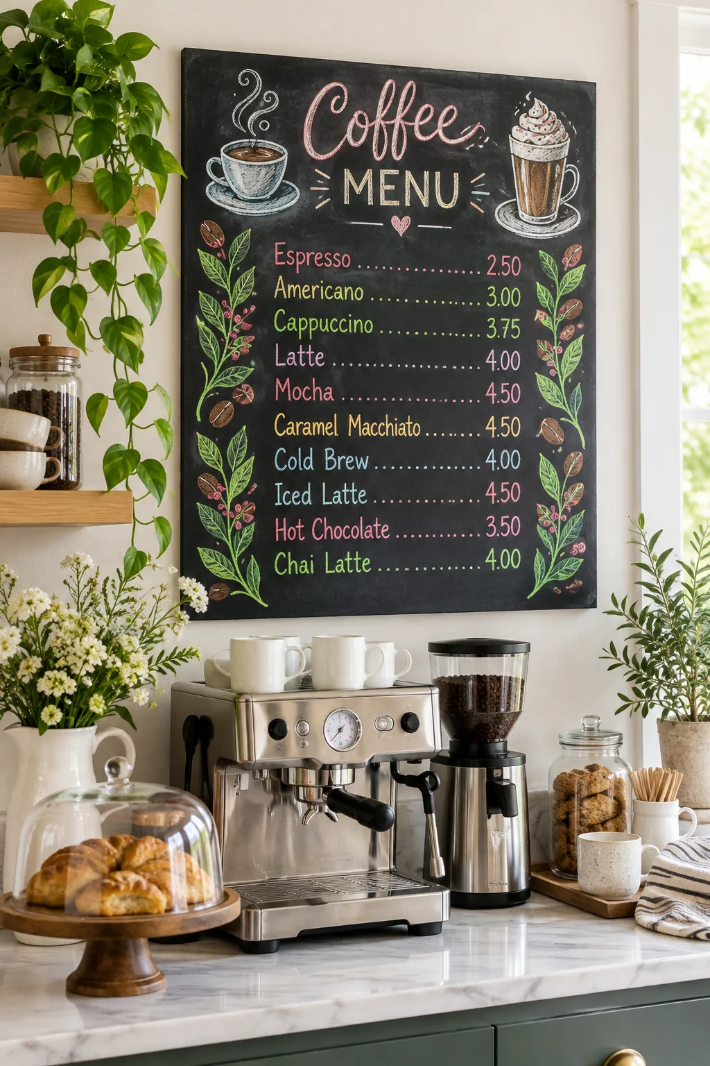Unframed slate chalkboard menu featuring vibrant neon chalk colors and coffee motifs above a home espresso bar.