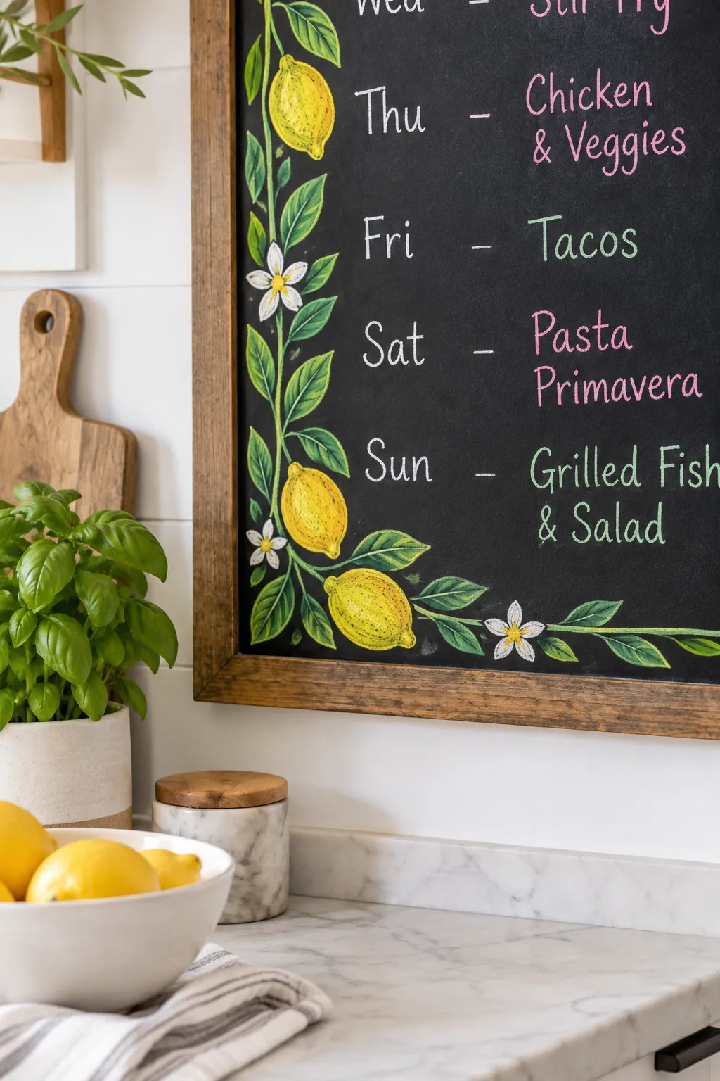 Framed black chalkboard with a weekly dinner menu hanging on a bright white kitchen wall above a counter with fresh basil.