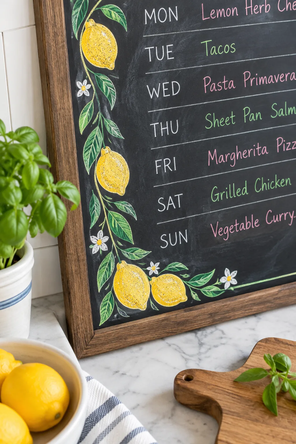 Close-up of the bottom left chalkboard corner showing a vibrant yellow lemon and green leaf border.