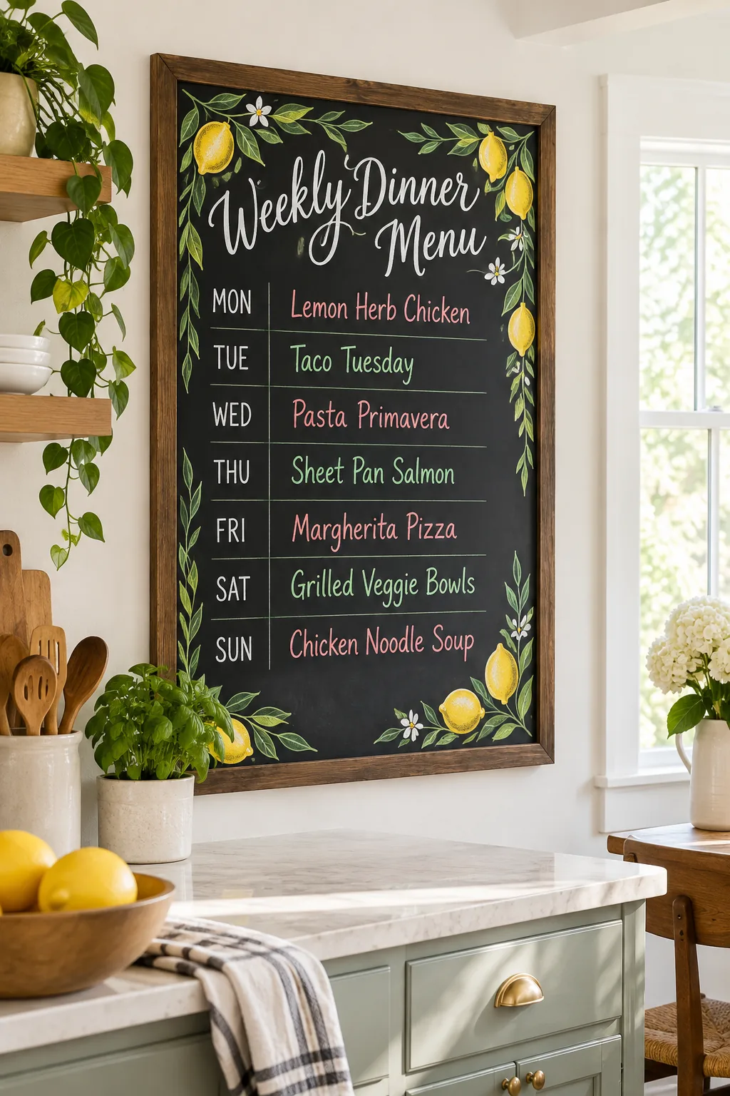 Top center of the chalkboard featuring the words Weekly Dinner Menu in flawless cursive script.