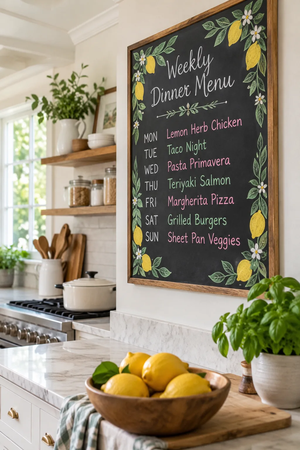 Right side of the chalkboard showing crisp pink and green stick chalk letters spelling out Taco Night and Caprese Salad.